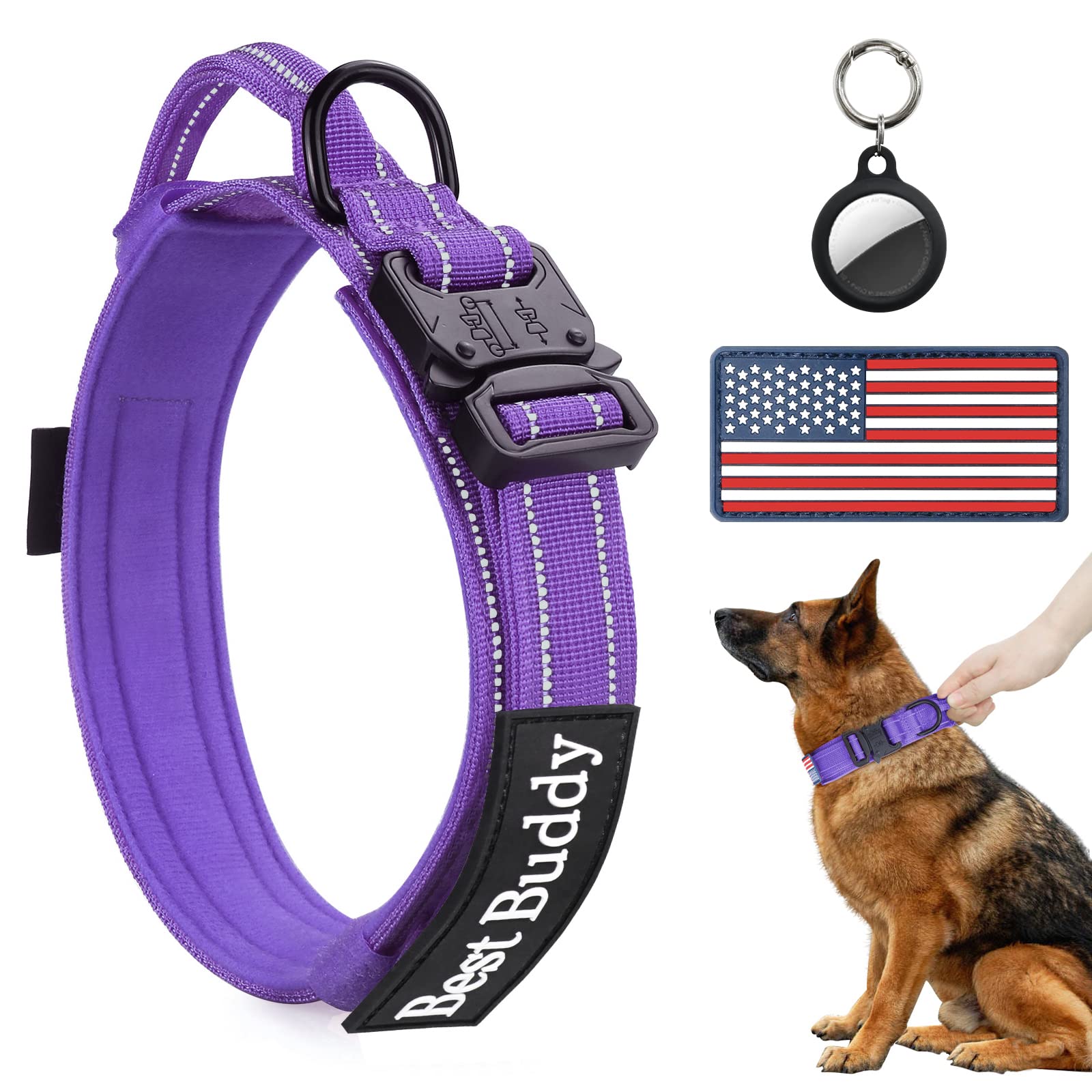 Aubell Reflective Dog Collar, Tactical Dog Collar For Large Dogs, Heavy Duty Dog Collars With Control Handle And Metal Buckle Fo