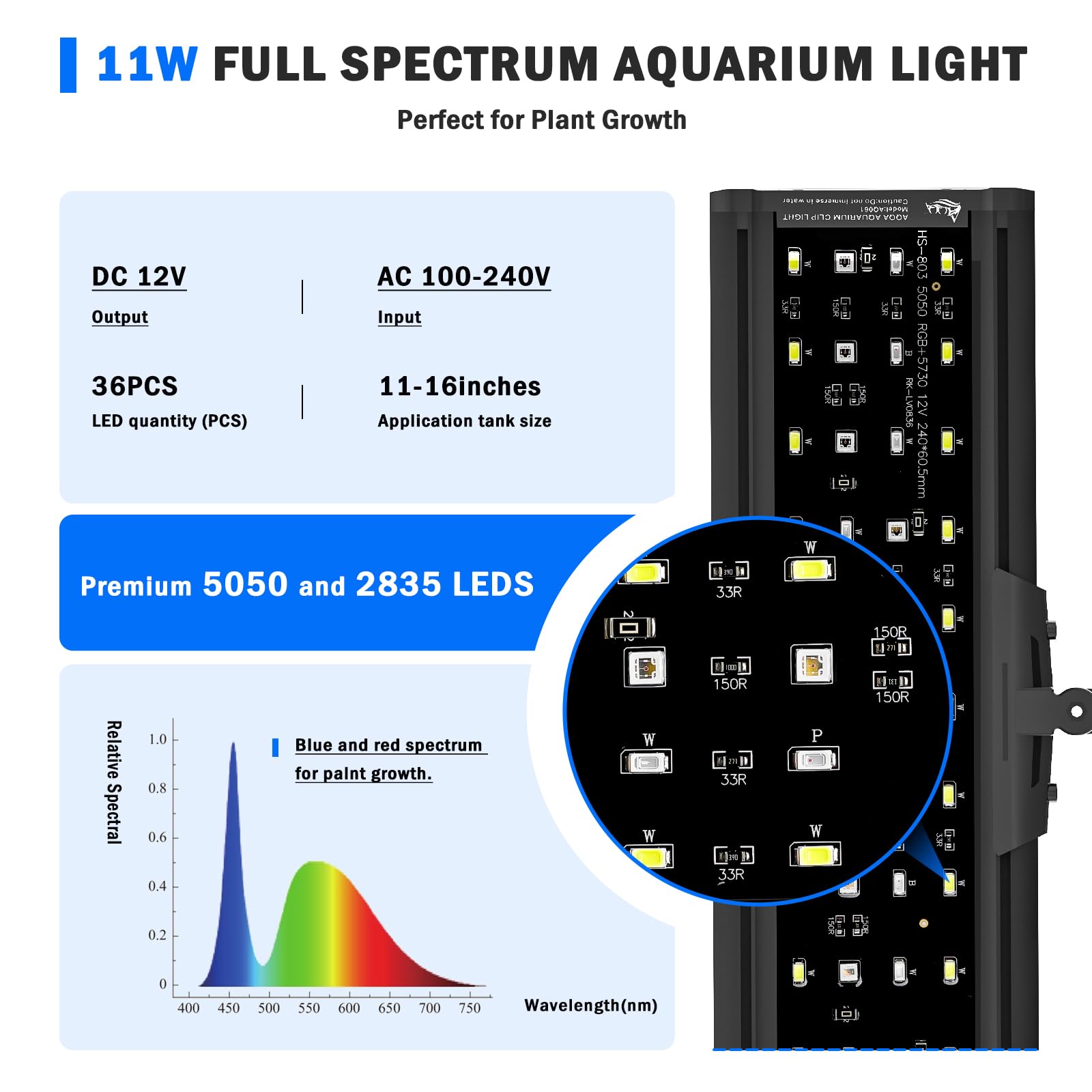 AQQA LED Aquarium Light, 24/7 Mode Clip on Fish Tank Light with Memory Function, DIY Mode Full Spectrum Aquarium Plant Light, Ad