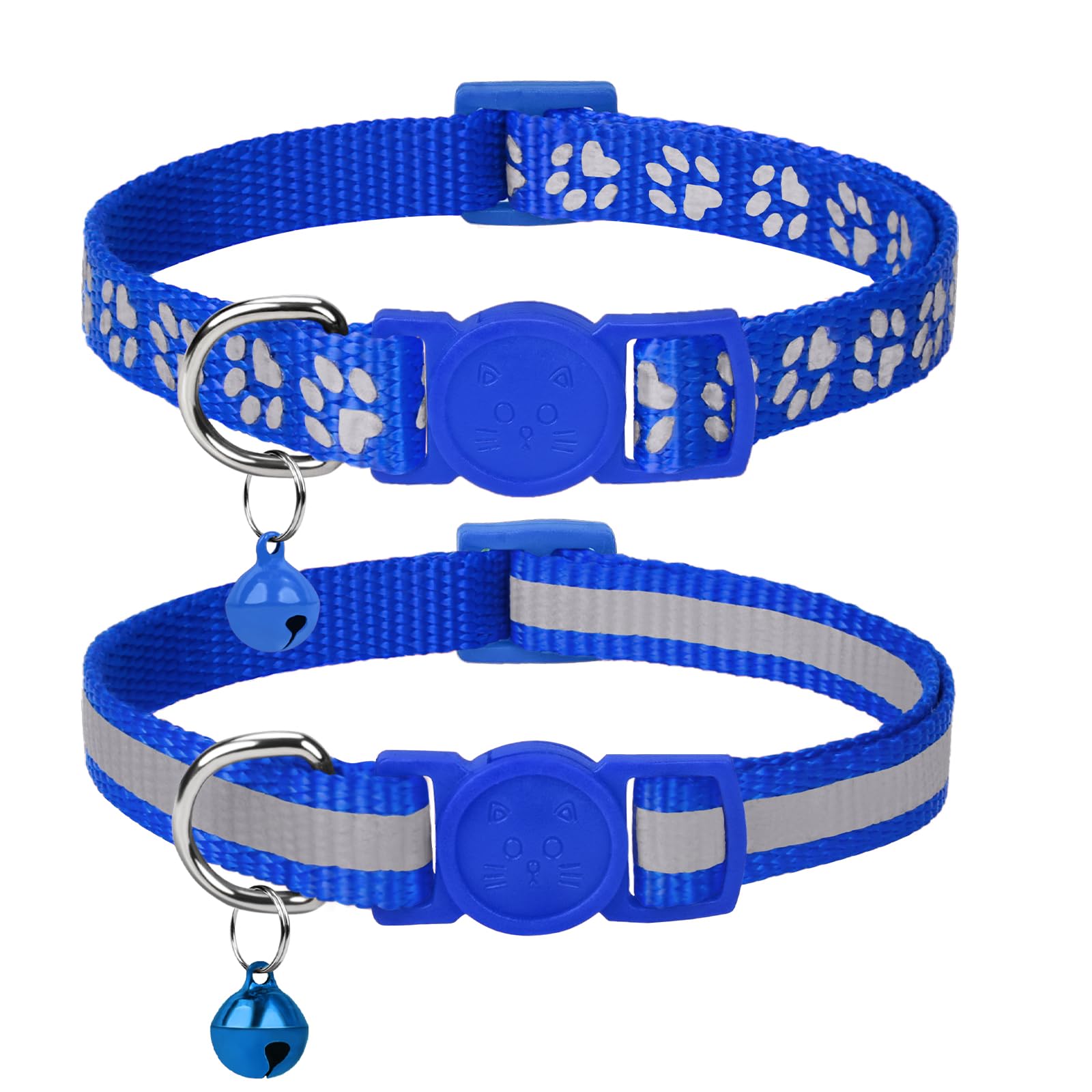 Taglory Reflective Cat Collar Breakaway With Bells, 2 Pack Girl Boy Pet Cat Collar Adjustable 7.5-12.5 Inch, Navy Blue