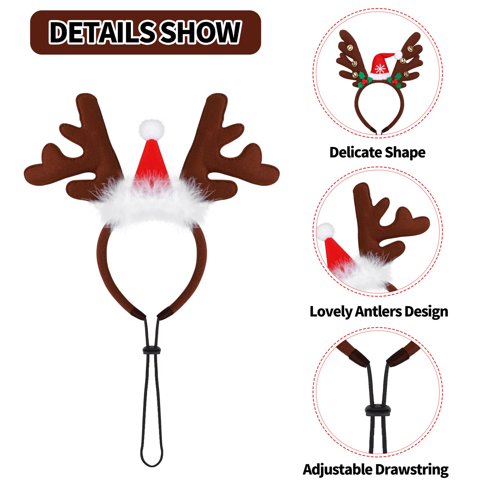 Pedgot 3 Pack Christmas Pet Headwear Xmas Hair Loop Brown Reindeer Antlers Headband Christmas Pet Costume Hair Accessory For Dogs