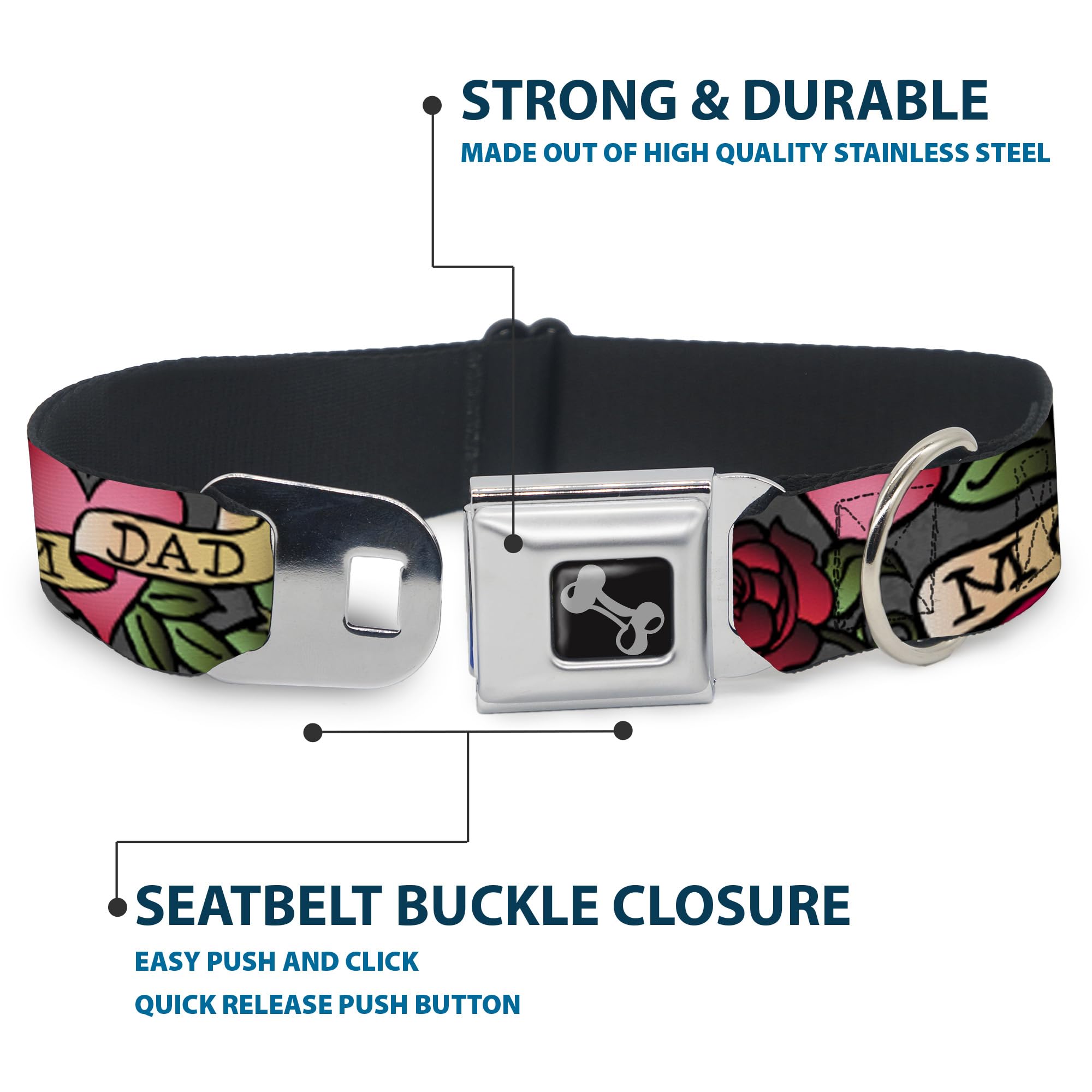 Buckle-Down Dog Collar Seatbelt Buckle Mom Dad Gray, Multicolor, 1 Wide - Fits 9-15 Neck - Small (Dc-W31316-S)