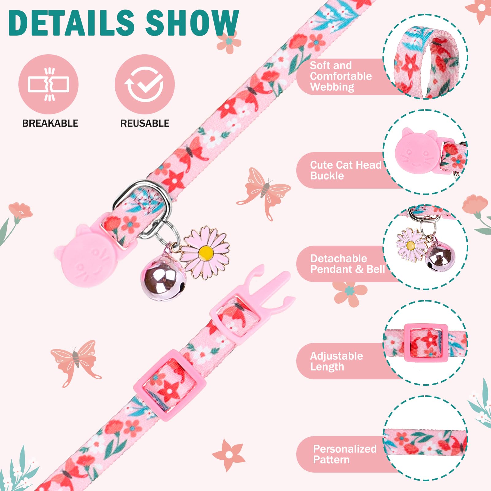Scenereal Cute Cat Collars With Bells Breakaway, 4 Pack Floral Daisy Pendant Spring Summer Pet Collar For Girl Boy Cats, Adjusta