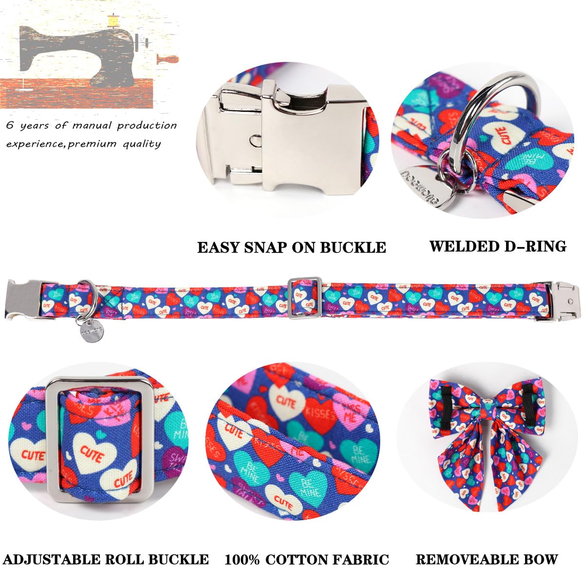 Dogwong Valentine'S Dog Collar With Saolor Bowtie, Blue Heart Bowtie Dog Collar, Adjustable Durable Pink Heart Dog Collar Cute D