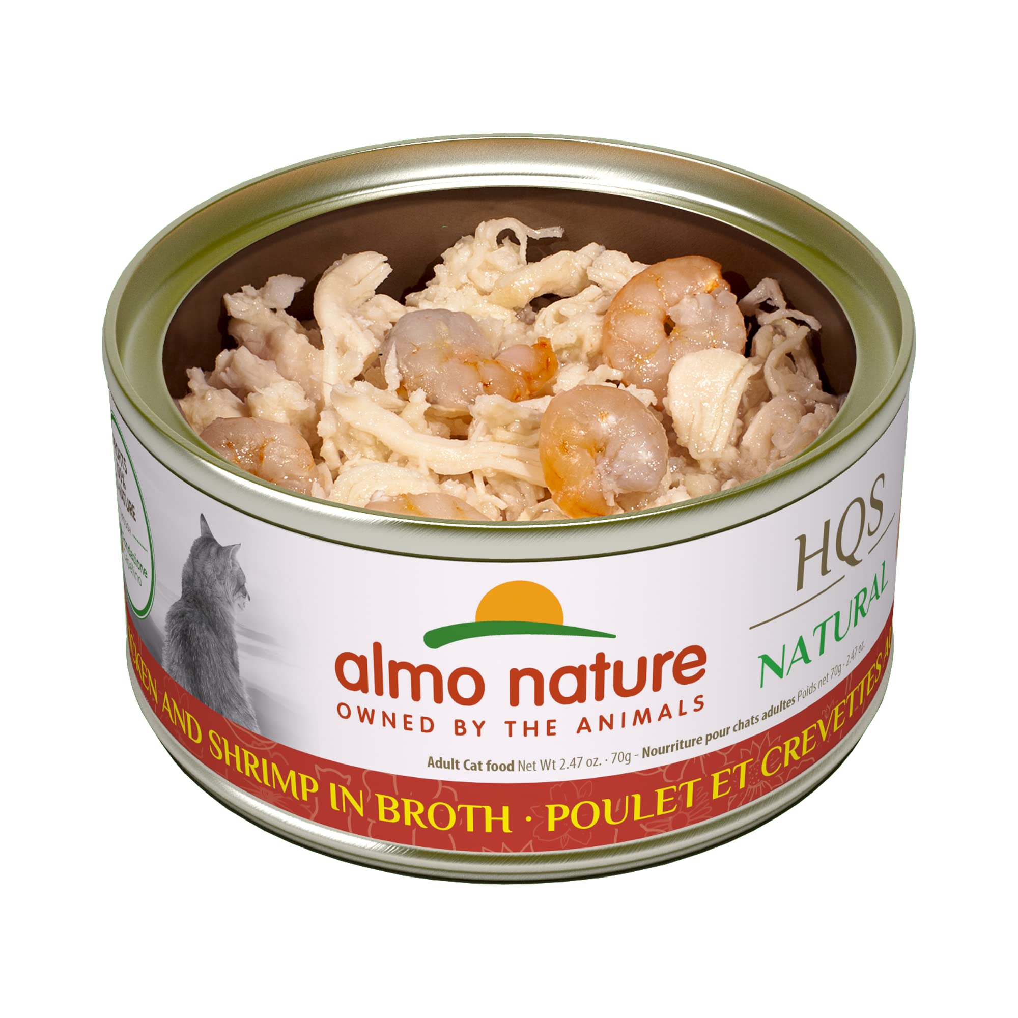 almo nature HQS Natural Chicken & Shrimp, Grain Free, Additive Free, Adult Cat Canned Wet Food, Shredded, 24 x 70g/2.47 oz (1014
