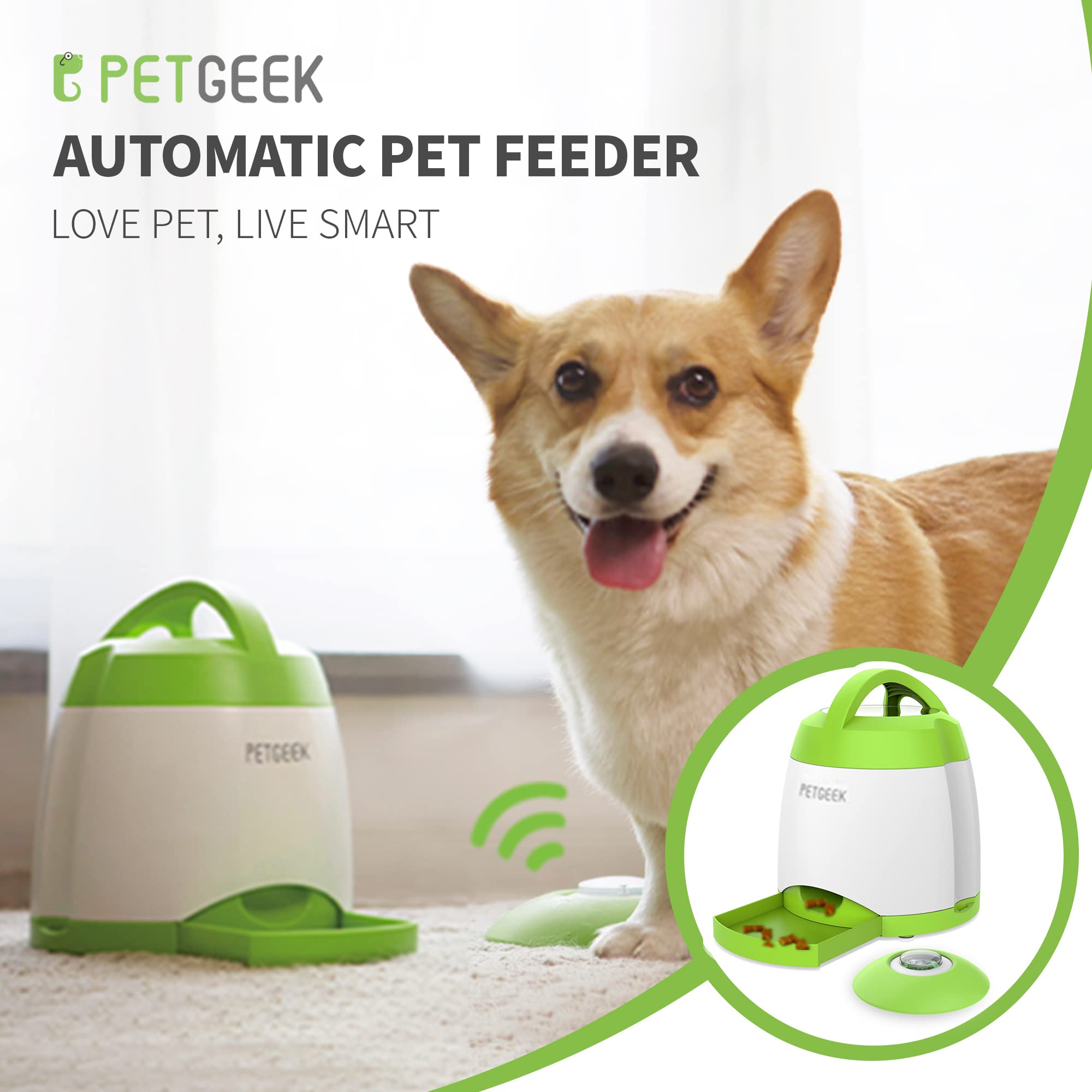 PETgEEK Treat Dispenser Dog Toys, Automatic Pet Feeder with Dual Power Supply and Remote control, Dog Puzzle Toys and Interactiv