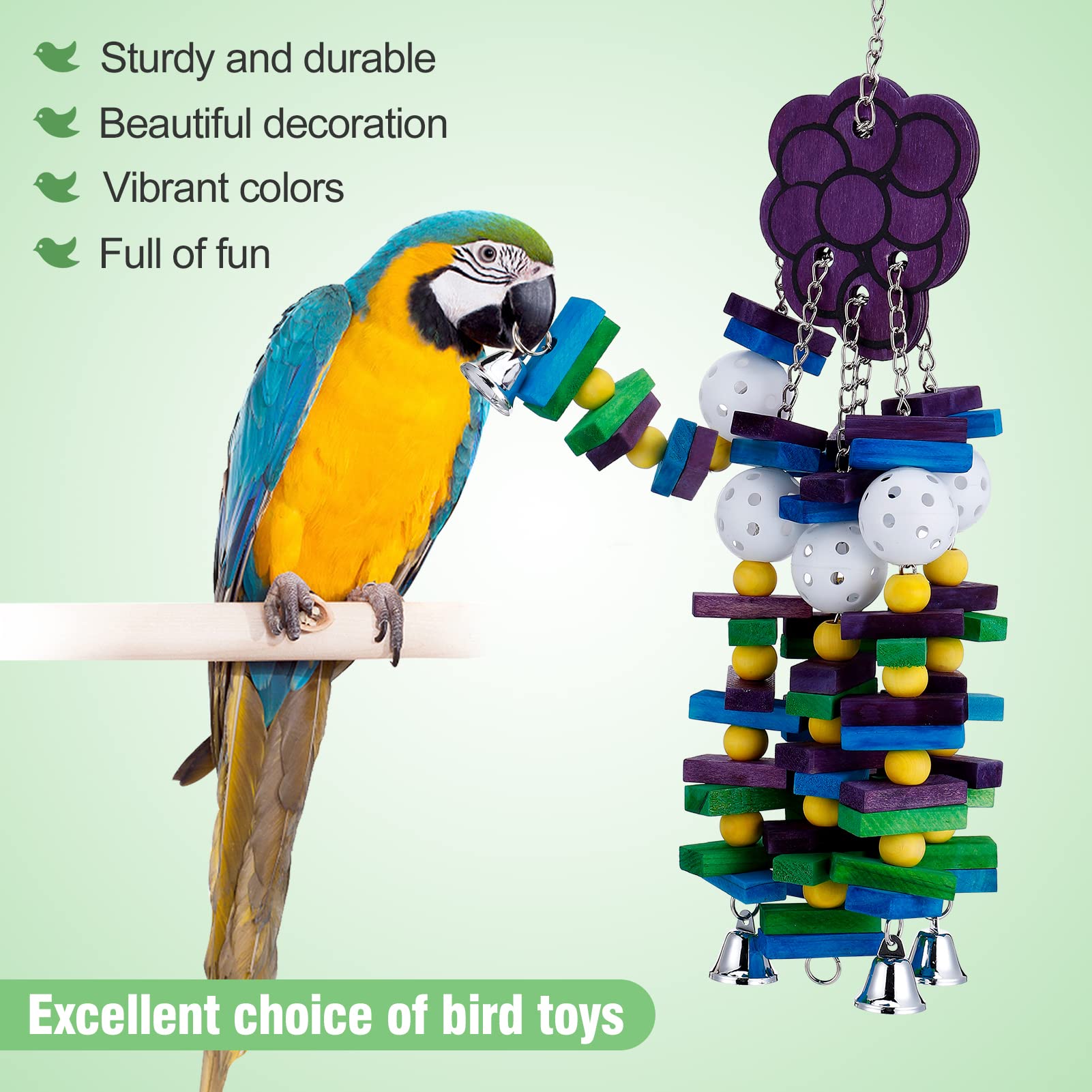 Mewtogo Large Bird Parrot Toys With Bells- Parrots Cage Chewing Toy With Colorful Wood Blocks Beads- Bird Parrot Chewing Sticks