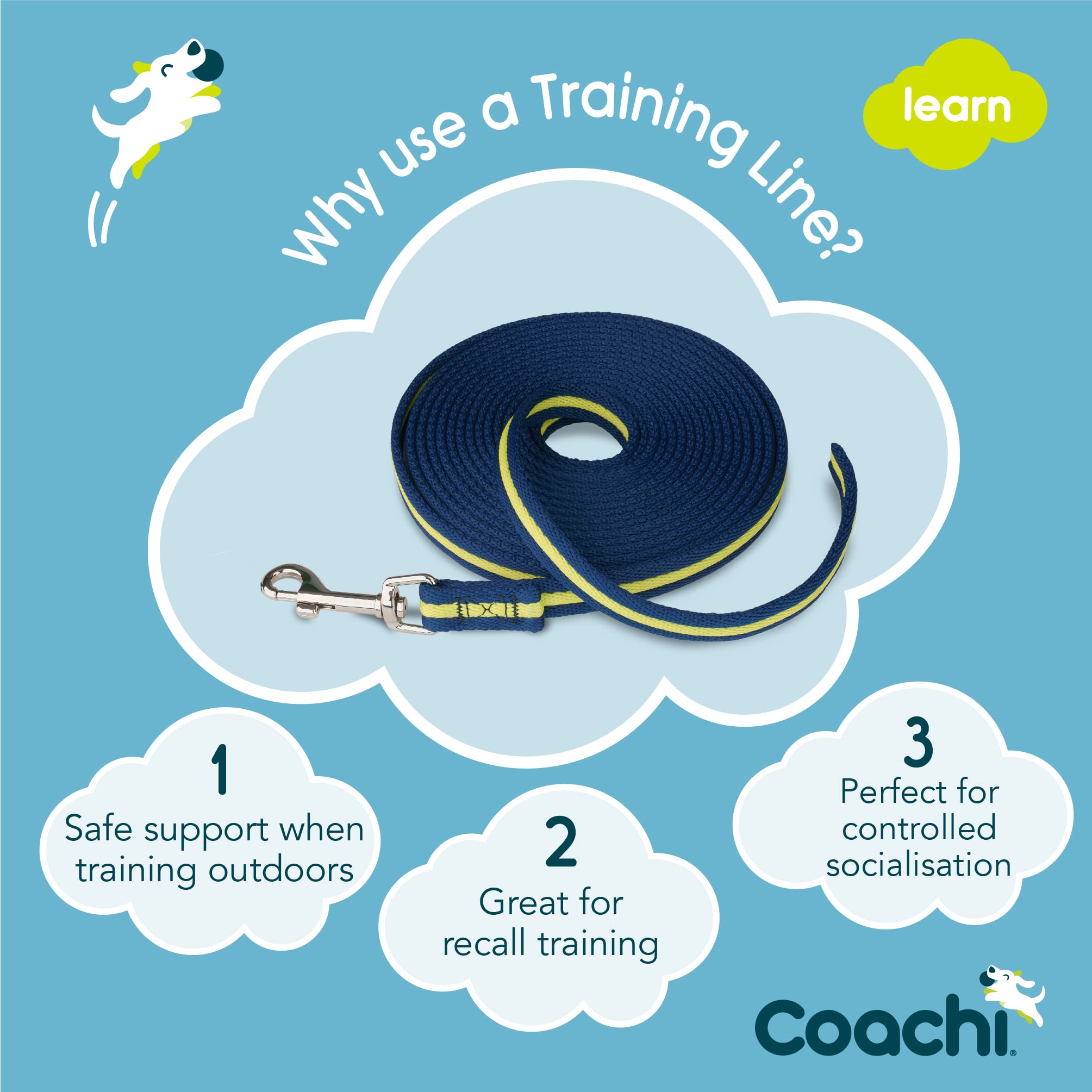 Coachi Training Line 5M, Safe Training Outdoors, Recall Training, Dog & Puppy Socialization, Lightweight, Soft To Hold, Suitable