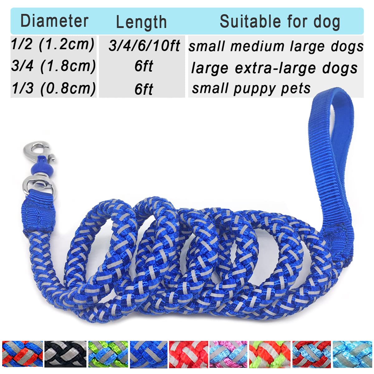 Mycicy Reflective Dog Leash 3Ft 4Ft 6Ft 10Ft, Heavy Duty Dog Leash Nylon Braided Strong Rope Dog Lead For Small Medium Large Dogs Walking Leash (Blue 6Ft)