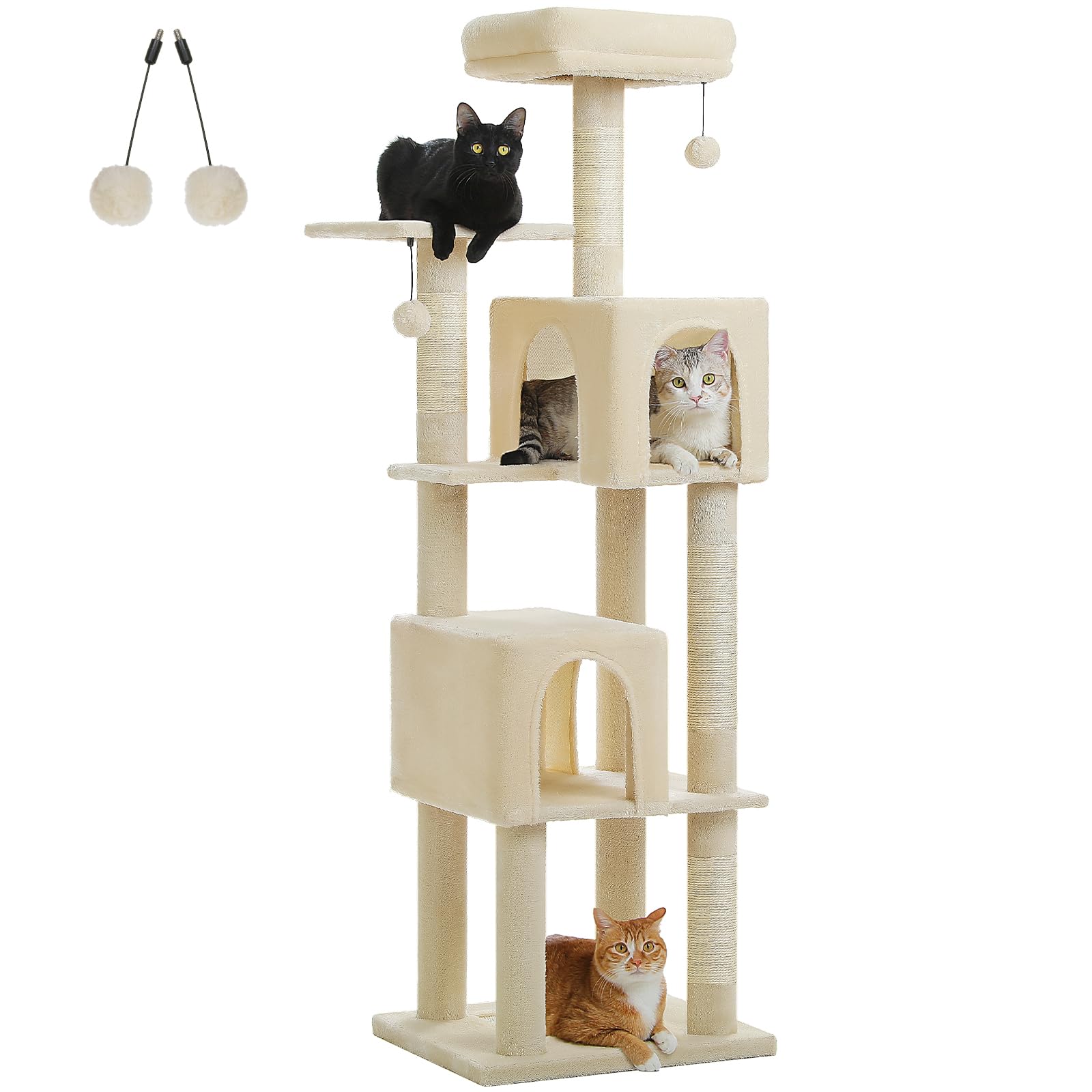 Pawz Road Cat Tree Tower 62 Inches Cat Tree With 2 Condos,2 Large Perch,4 Scratching Posts & 1 Scratching Board, And 2 Hanging B