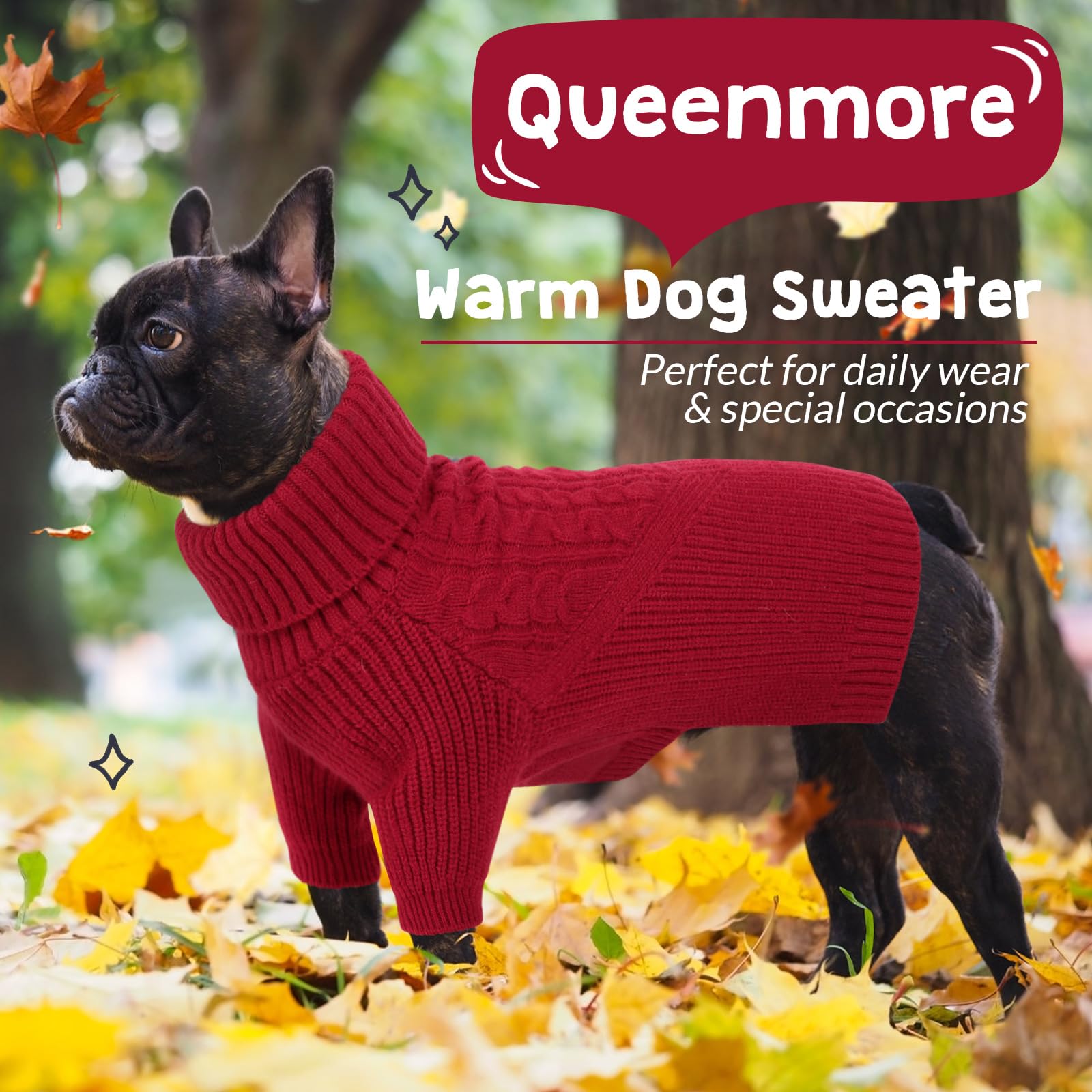 Queenmore Puppy Sweaters - Warm Winter Or Fall Dog Sweaters ( Solid Turtleneck Knit, Red ) For Dog Girls & Boys, Small To Large