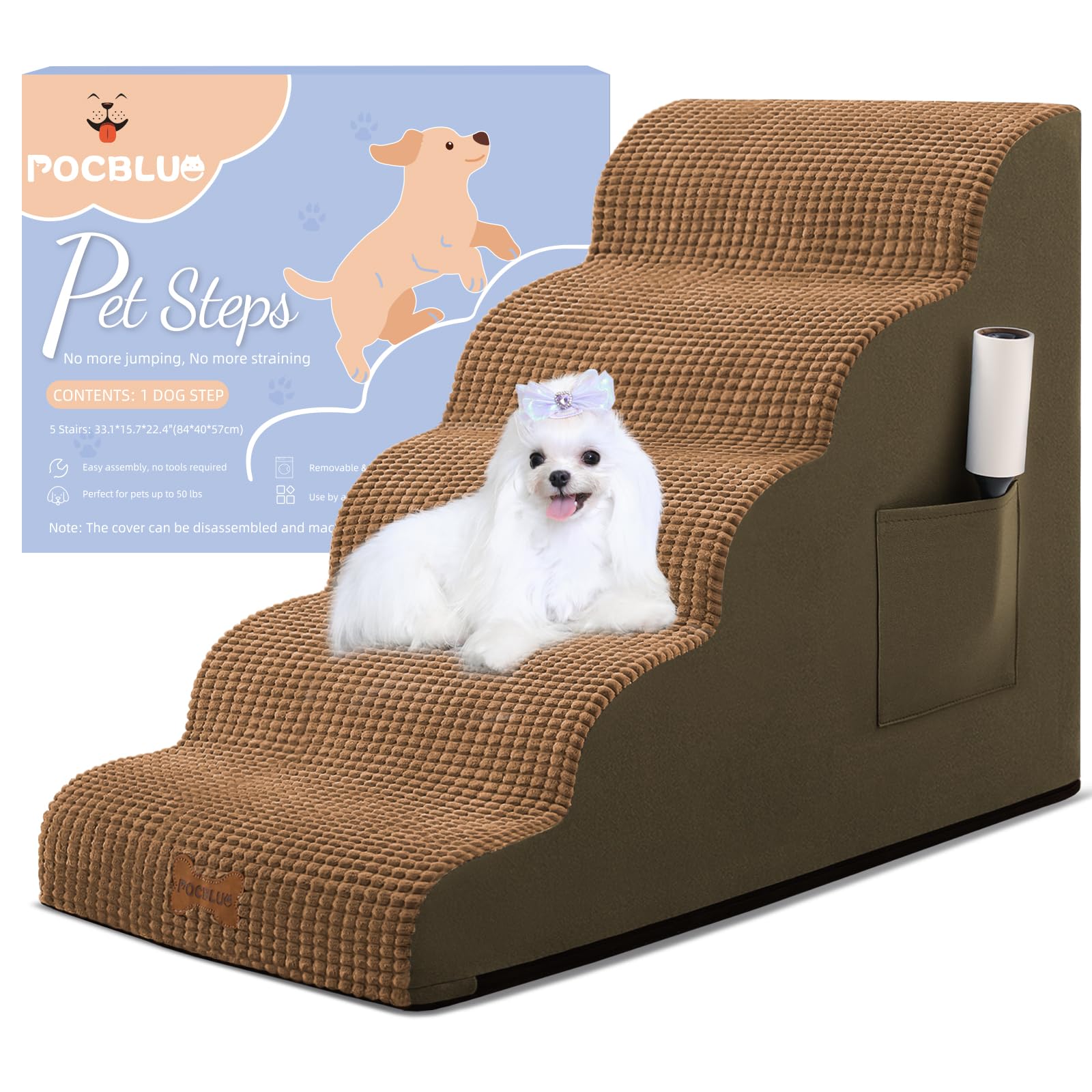 Dog Stairs For Small Dogs, Wide Pet Step With Removable Cover, No Assembly High Density Foam Cat Ramp For Bed Or Sofa, 5-Step, L