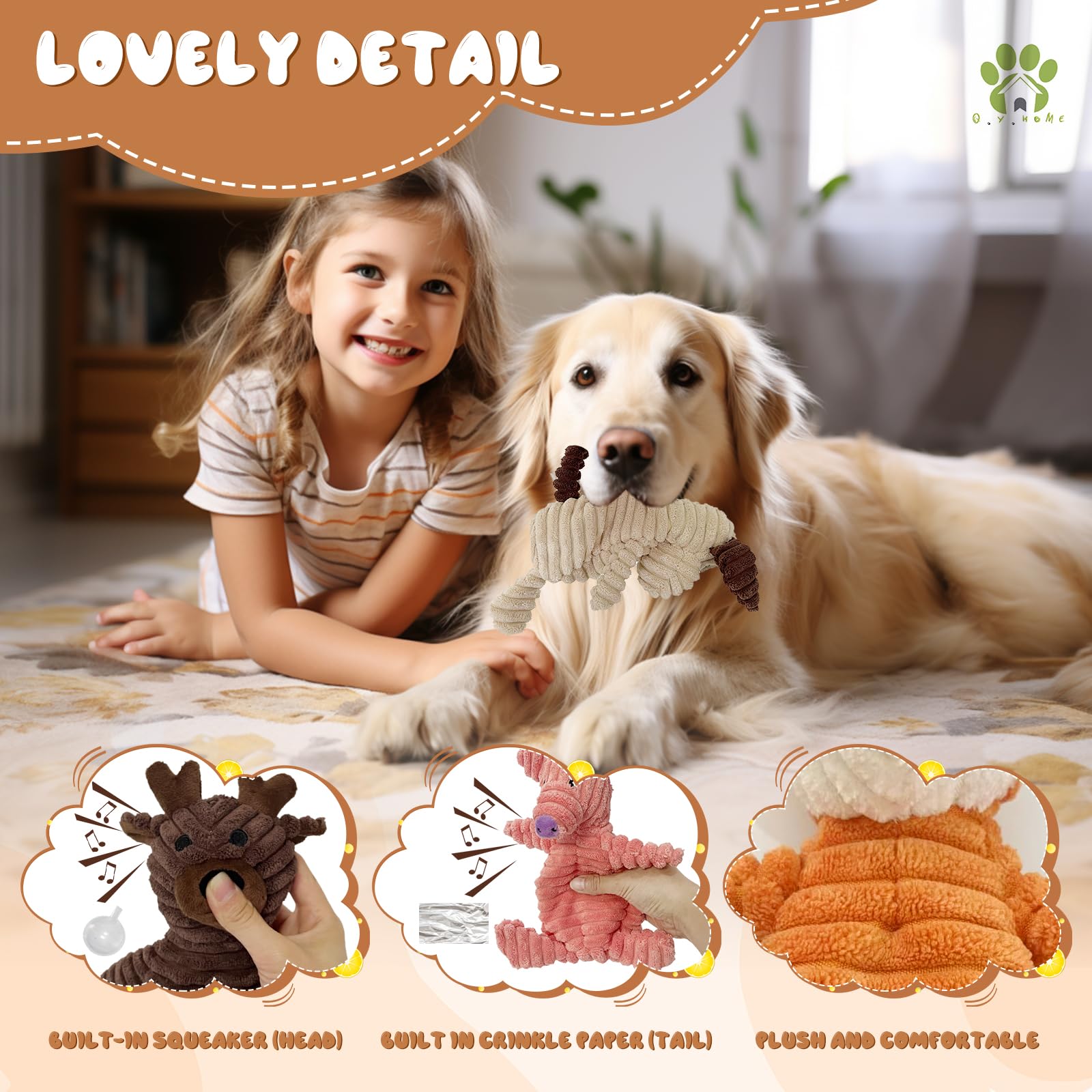 Q.Y.Home Dog Toy Body Limbs No Stuffing Head Filling Animal Appearance With Soft Squeaker,For Indoor Puppies And Senior Pups Che