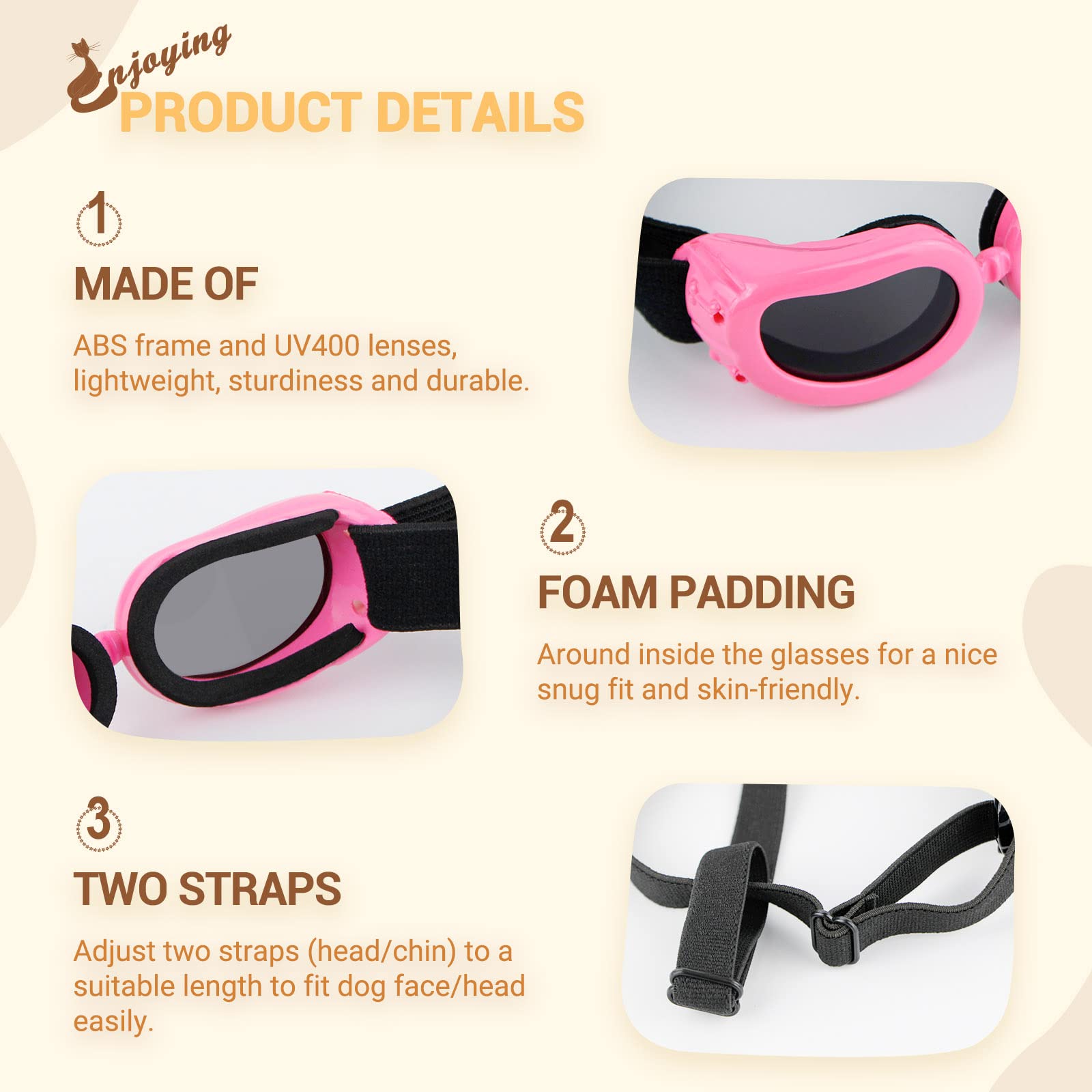 Enjoying Dog Goggles Small Breed, Uv Protection Sunglasses For Dogs Small Breed, Windproof Driving Doggy Goggles, Snow Day Dog Eye Protection, Anti-Fog Dustproof, Adjustable Straps, Pink