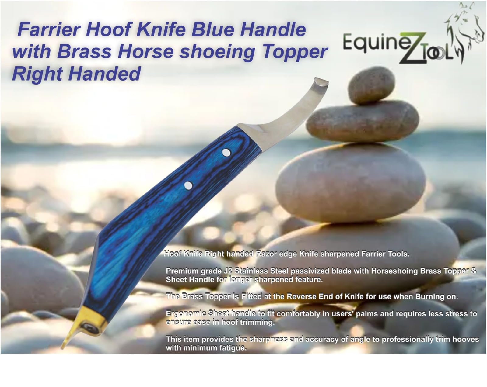 Equinez Tools Farrier Hoof Knife Blue Handle With Brass Horseshoeing Topper - Right Handed