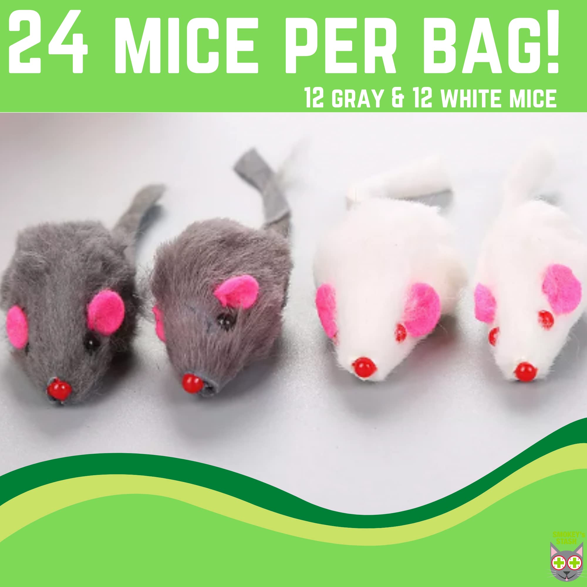 Smokey'S Stash Rabbit Fur Mouse Cat Toy 24 Per Pack White And Gray Fuzzy Toys For Cats With Rattle Realistic Fake Mice (24)