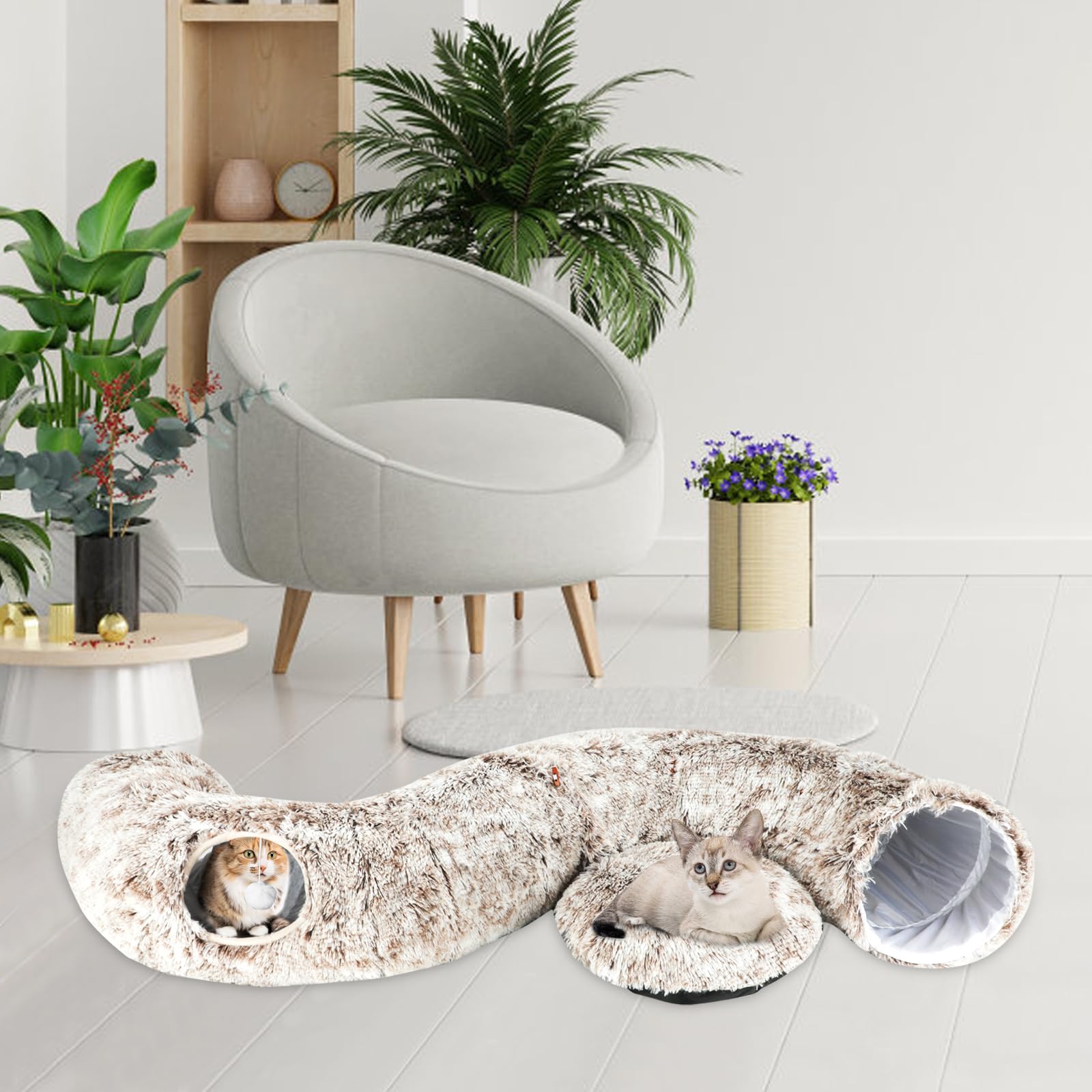 Lonepetu Plush Cat Tunnel Bed For Indoor Cats, Collapsible Cat Donut Tunnel With Central Mat, Fluffy Cats Cave Tube With Hanging