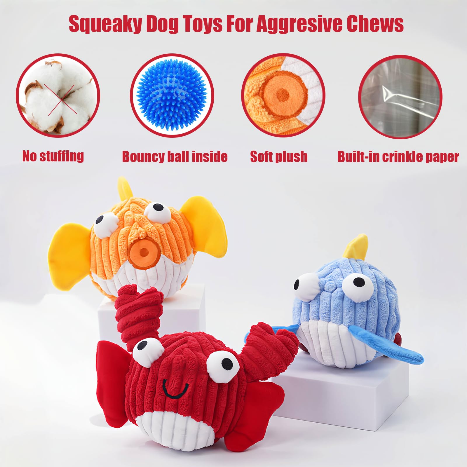 Zrbtk Squeak Dog Toys For Aggressive Chewers, No Stuffing Squeak Dog Chew Toys For Aggressive Chewers, Interactive Dog Toy Ball
