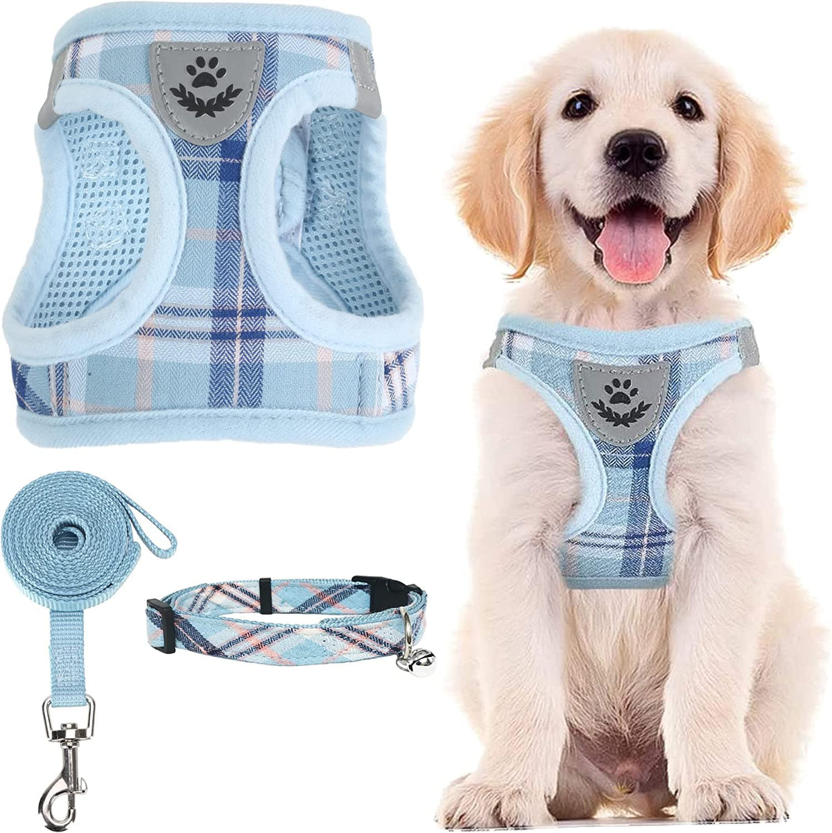 Pupteck Adjustable Dog Harness Collar And Leash Set Step In No Pull Pet Harness For Small Medium Dogs Puppy And Cats Outdoor Walking Running, Soft Mesh Padded Reflective Vest Harnesses, Blue M