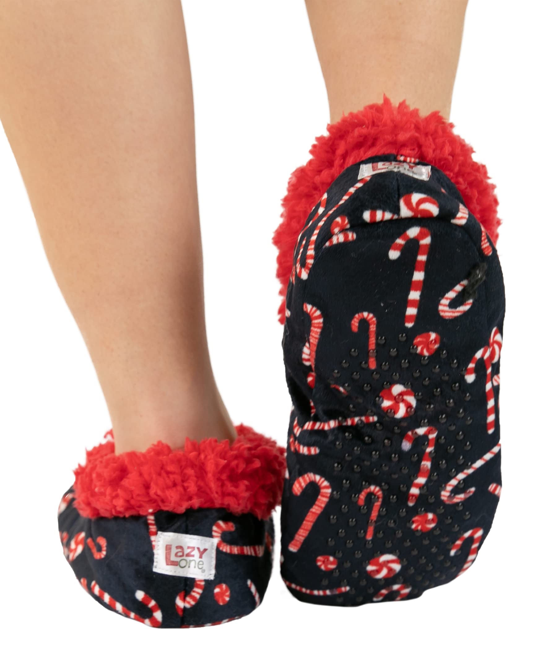 Lazy One Fuzzy Feet Slippers For Women, Cute Fleece-Lined House Slippers, Candy Cane, Non-Skid