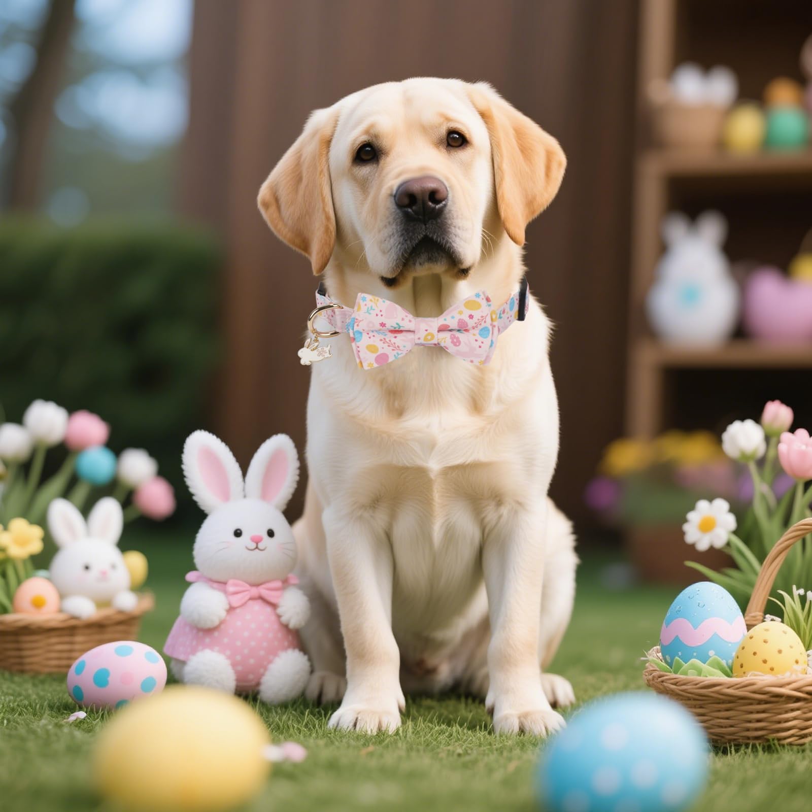 Ptdecor Easter Dog Collar With Bowtie, Multi Size, Adjustable Pink Rabbit Pet Collars For Large Dogs (Large)