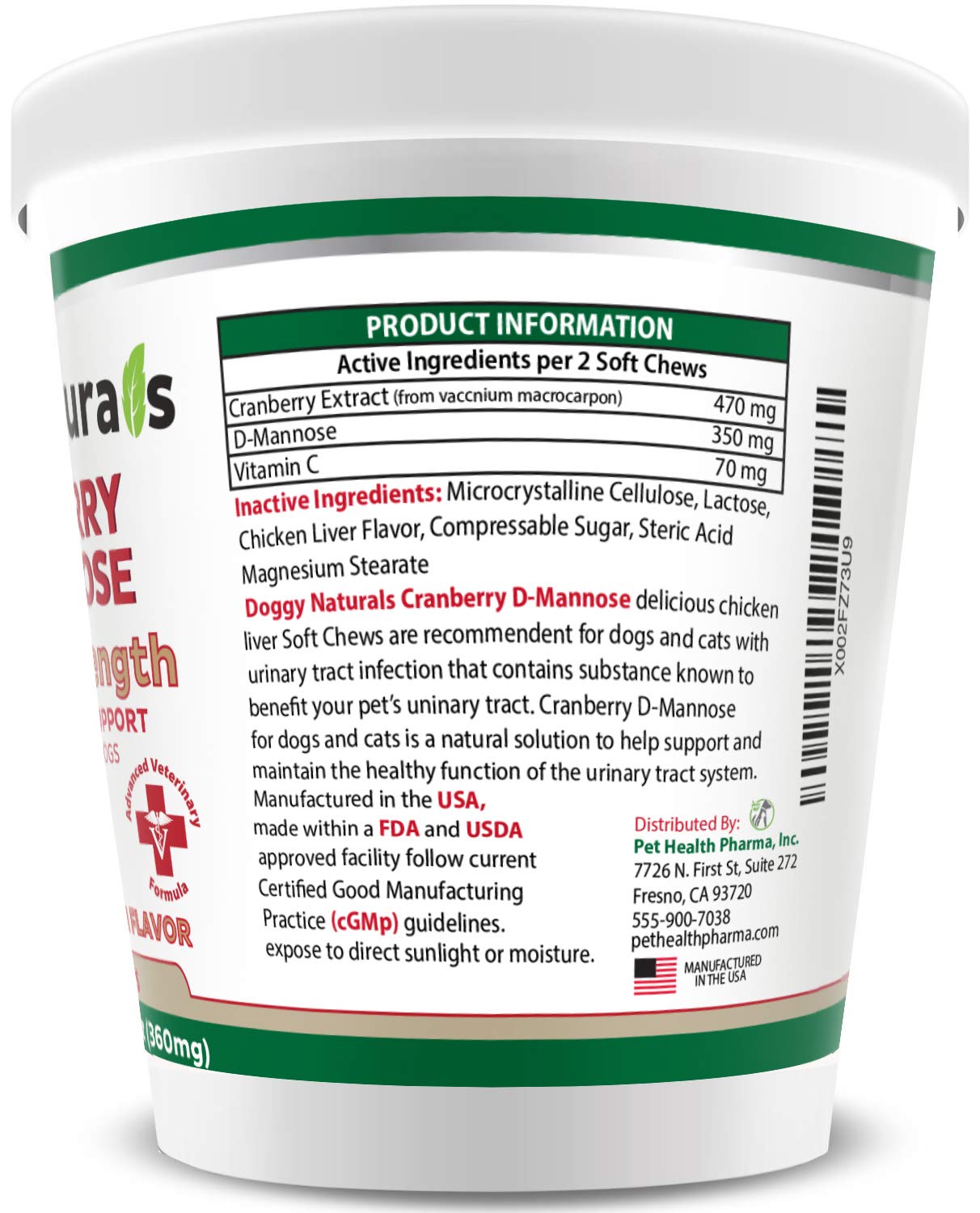 Pet Health Pharma Cranberry D-Mannose for Dogs and Cats Urinary Tract Infection Support Prevents and Eliminates UTI, Bladder Inf