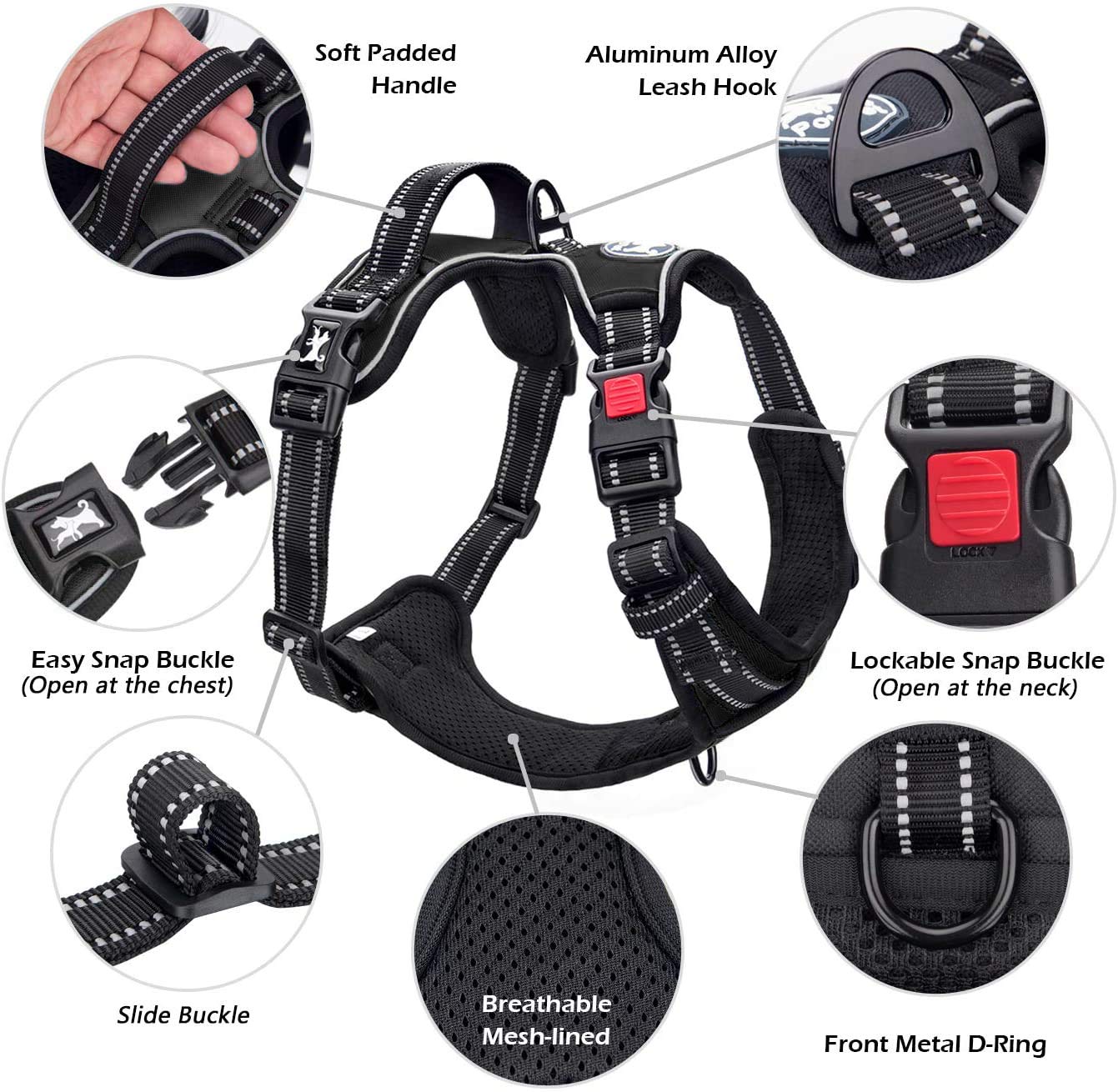PoyPet No Pull Dog Harness, Adjustable Soft Padded Vest, Medium, Black, Reflective, Model 007073-FBA