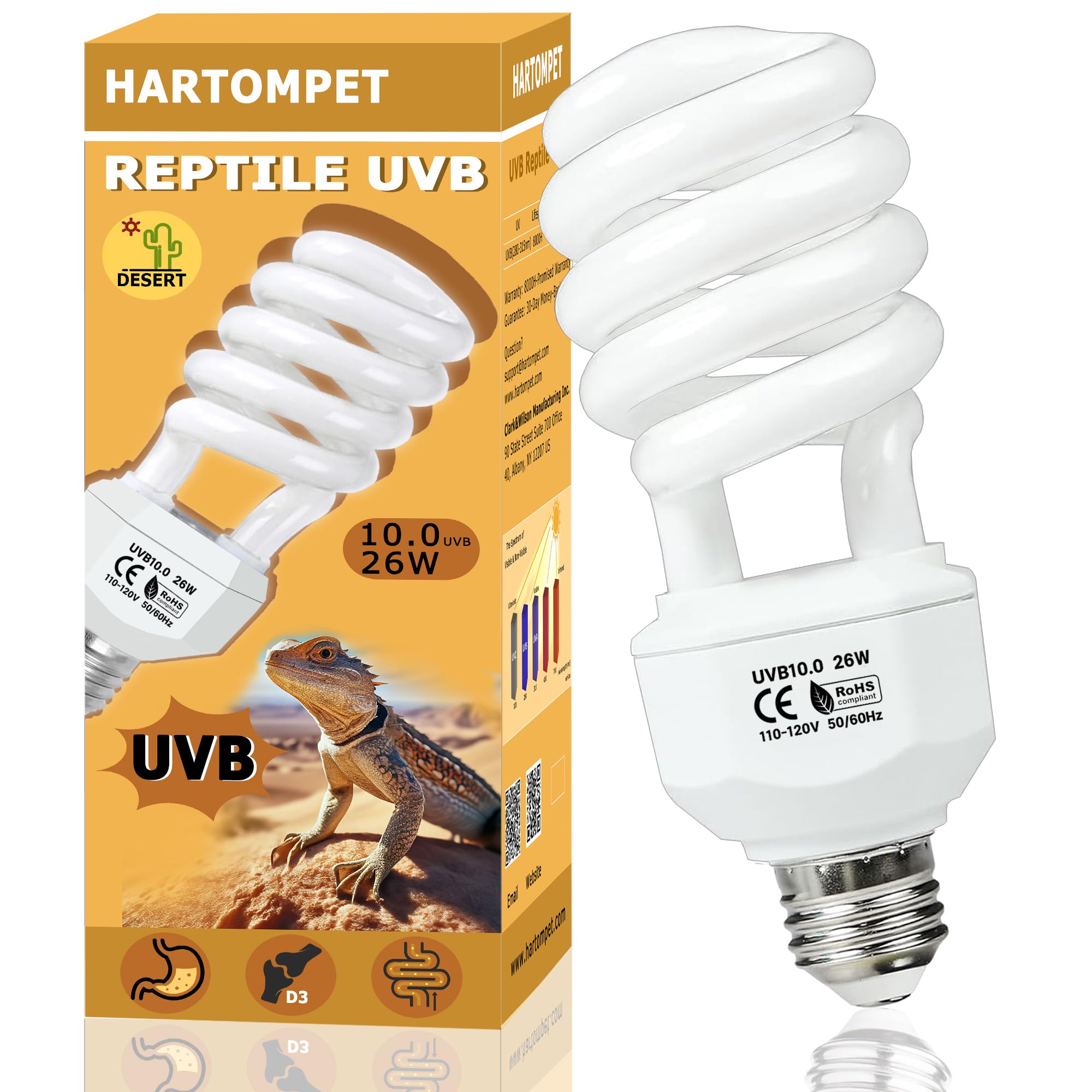 Hartompet Uvb 10.0 Reptile Light 26W - Desert Lamp For Bearded Dragons, Tortoises, Iguanas, Lizards & Other Sun-Loving Reptiles 