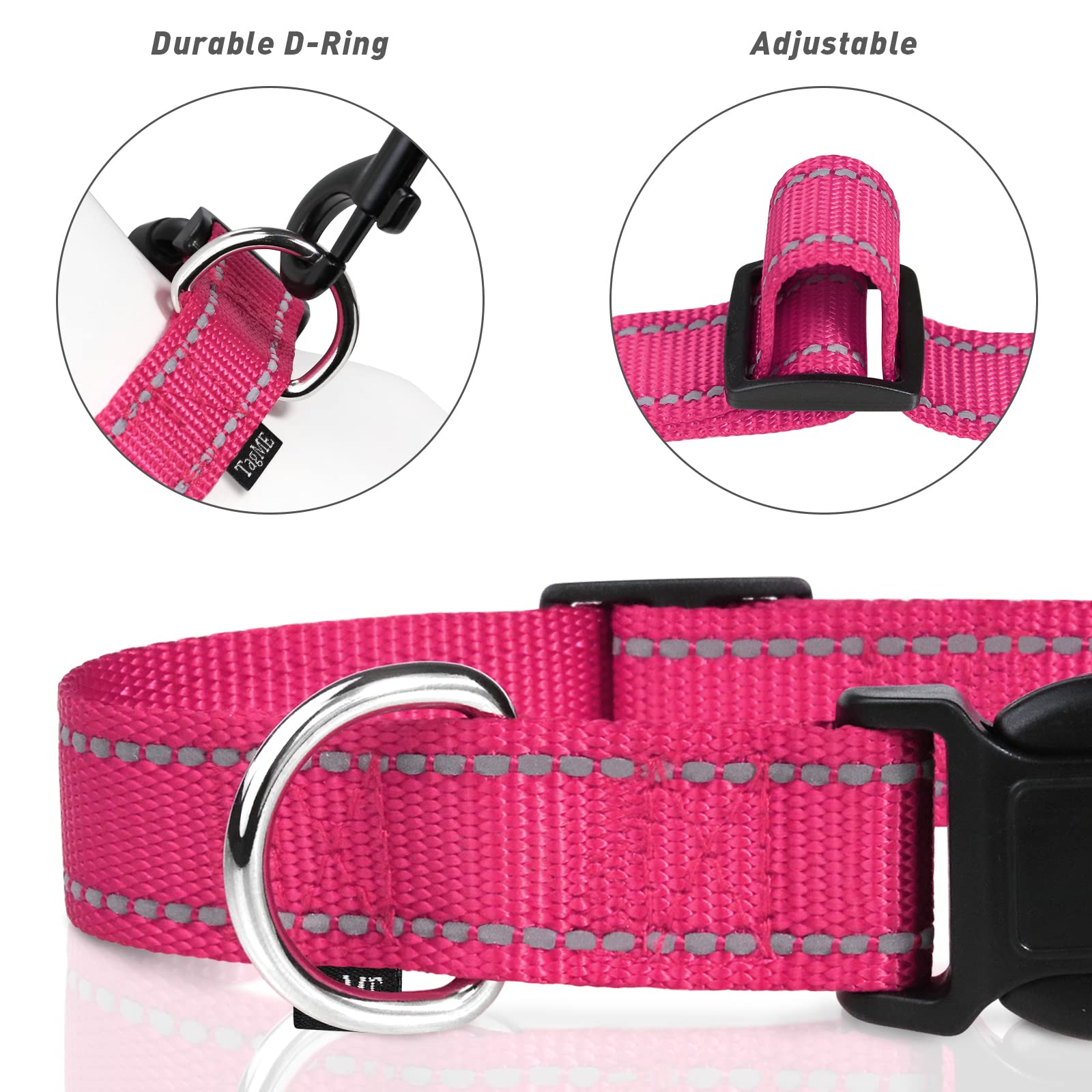 Tagme Reflective Nylon Dog Collars, Adjustable Classic Dog Collar With Quick Release Buckle For Extra Large Dogs, Hot Pink, 1¼' Width