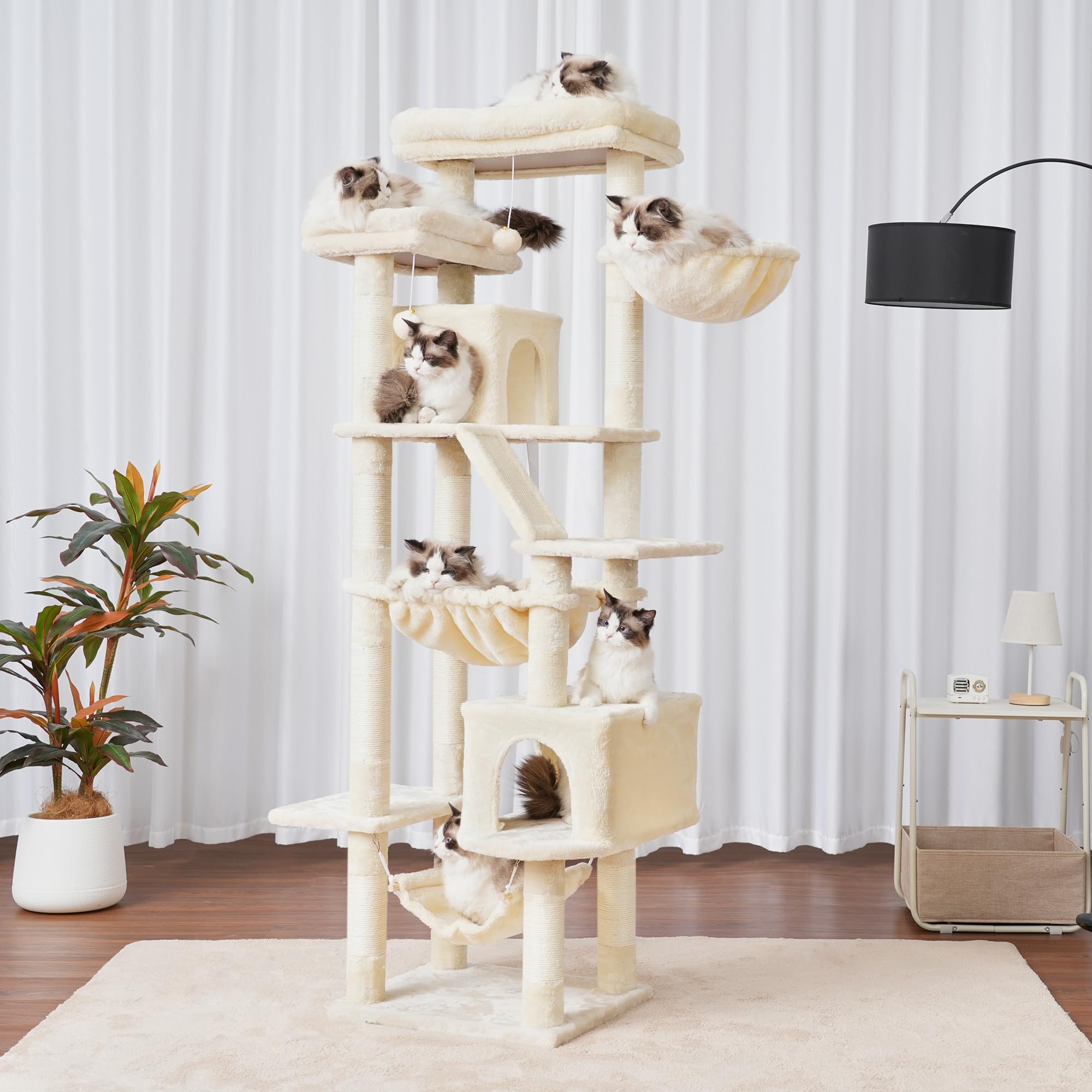 Heybly Cat Tree,71-Inch Tall Tower for Indoor Cats with 2 Perches, 2 Big Condos, 2 Hammocks, Basket, Scratching Pad,Large Cat Fu