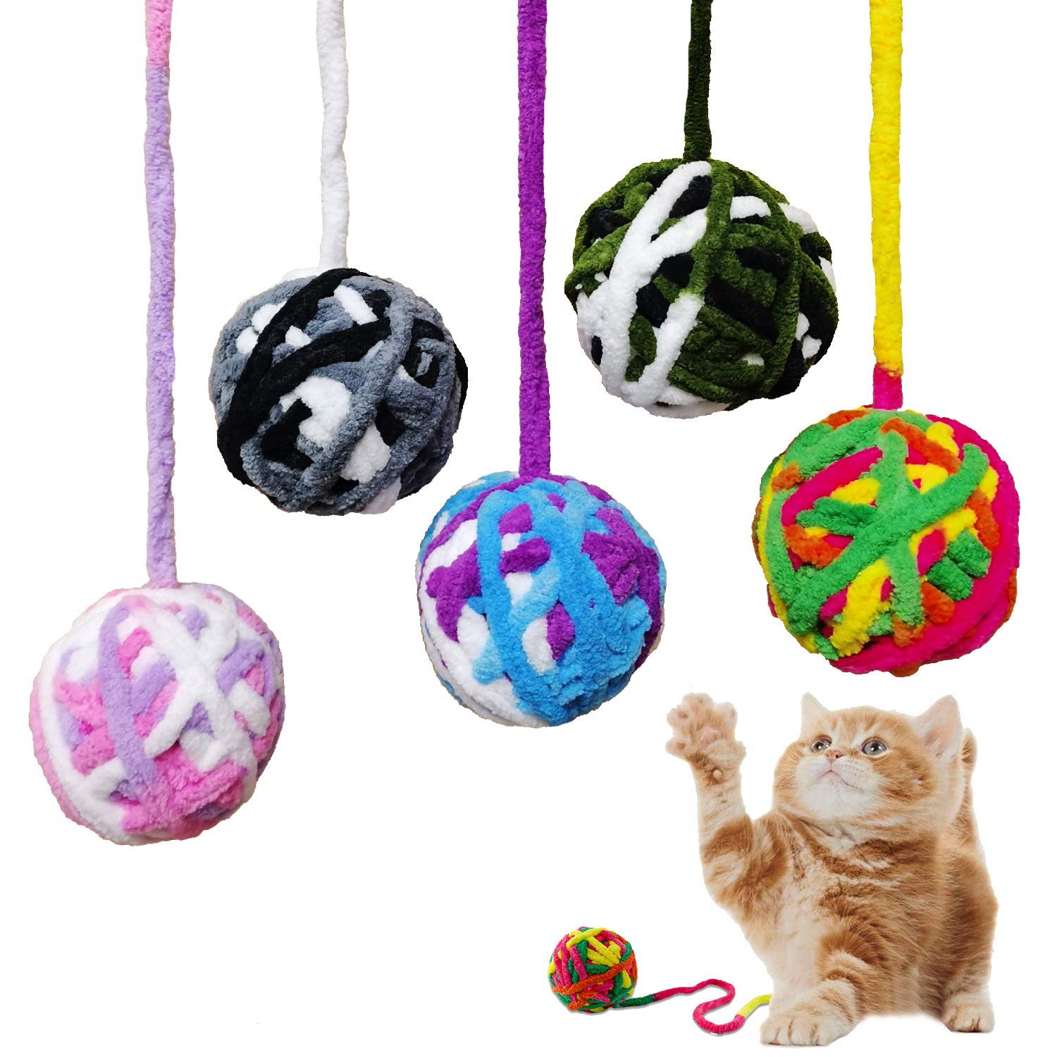 Maiyu Cat Balls  5 Pcs Colorful Yarn Cat Balls With BuiltIn Bell, Interactive Kitten Toys