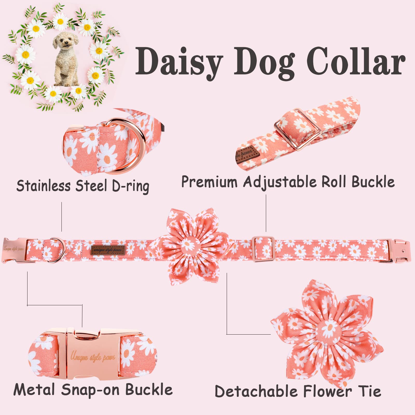 Unique Style Paws Dog Collar With Flower Tie Pink Daisy Summer Dog Collar For Small Medium Large Dogs With Adjustable Metal Buckle -Xl