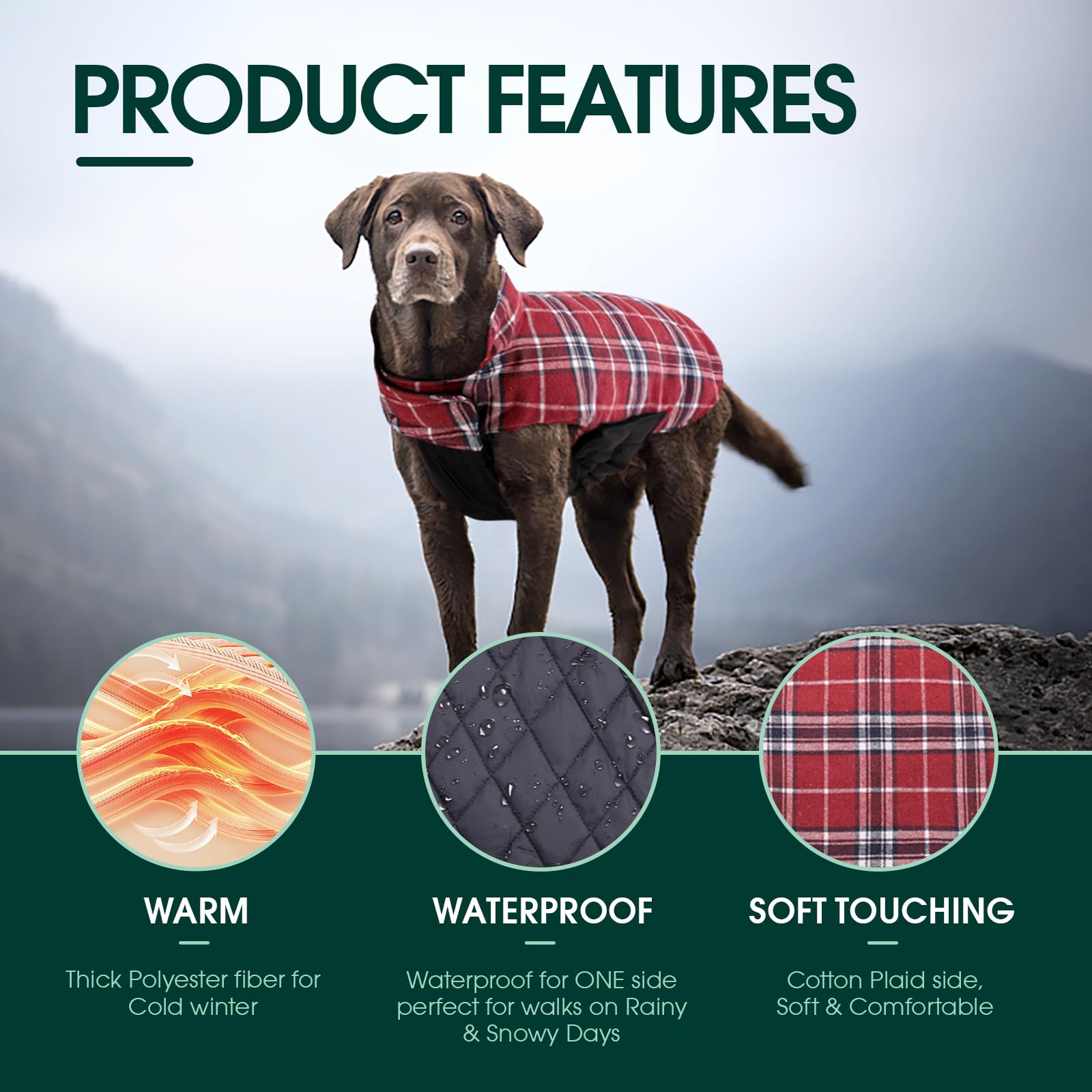 Kuoser Warm Dog Coat, Reversible Dog Jacket Waterproof Dog Winter Coat British Style Plaid Dog Clothes Pet Dog Cold Weather Coat