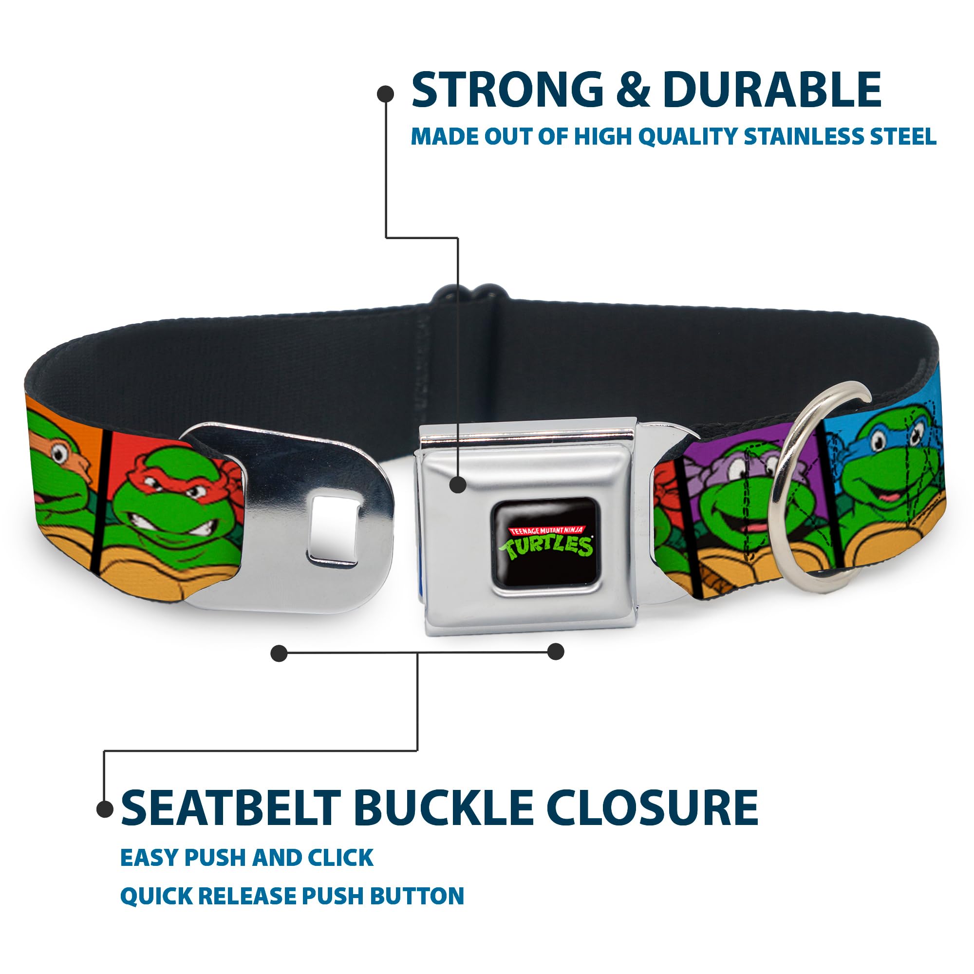 Buckle-Down Seatbelt Buckle Dog Collar - Classic Tmnt Face Blocks Black/Multi Color - 1' Wide - Fits 9-15' Neck - Small