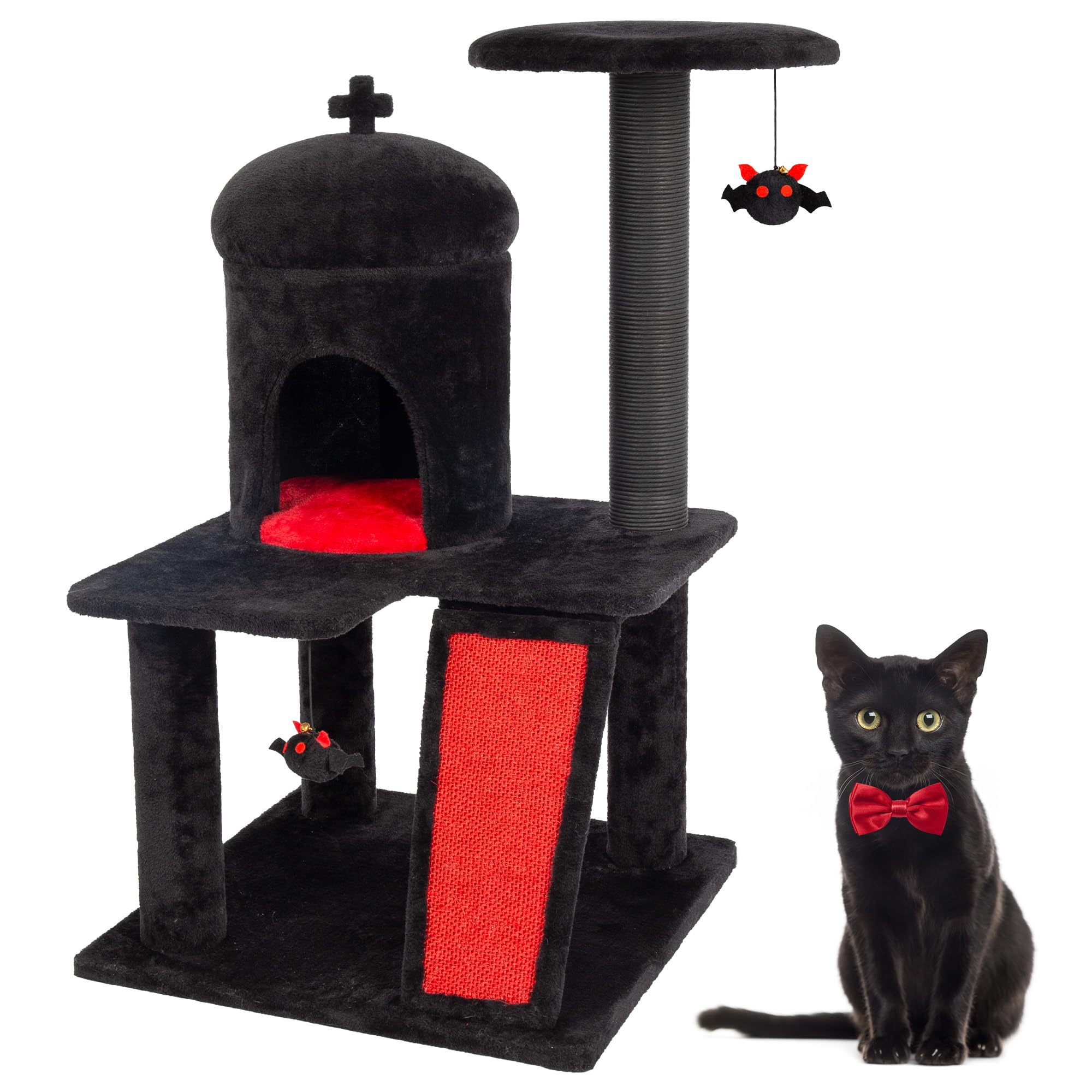 Kamaboko Gothic Cat Tree, 36.5In Black Cat Tower With Coffin Bed, Big Tall Cat Condo With Sisal Scratching Posts, Scratching Ram