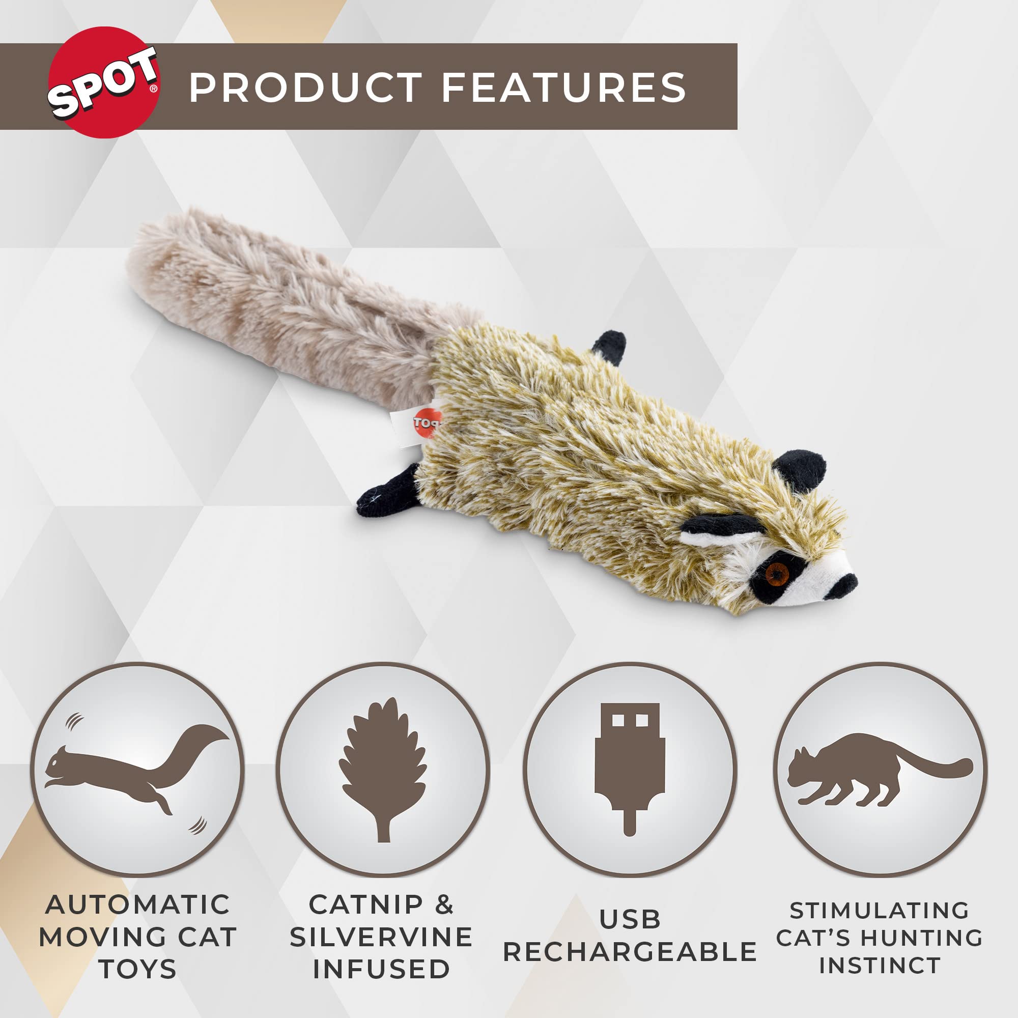 Spot Flippin?Skinneeez Raccoon Cat Toy With Catnip ?Realistic Flopping Design, Touch-Activated Movement And Sounds, Usb Rechargeable, Perfect For Indoor Cats, 15-Inch