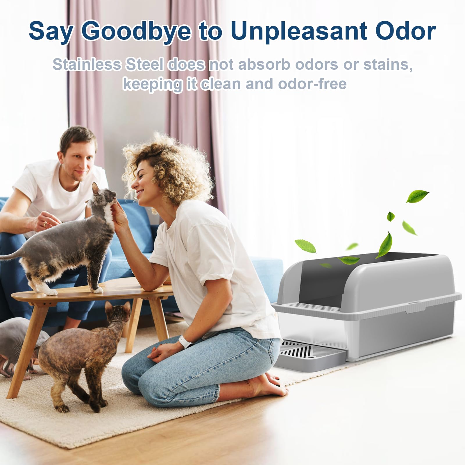 Suzzipaws Enclosed Stainless Steel Cat Litter Box With Lid Extra Large Litter Box For Big Cats Xl Metal Litter Pan Tray With High Wall Sides Enclosure, Non-Sticky, Anti-Leakage, Easy Cleaning