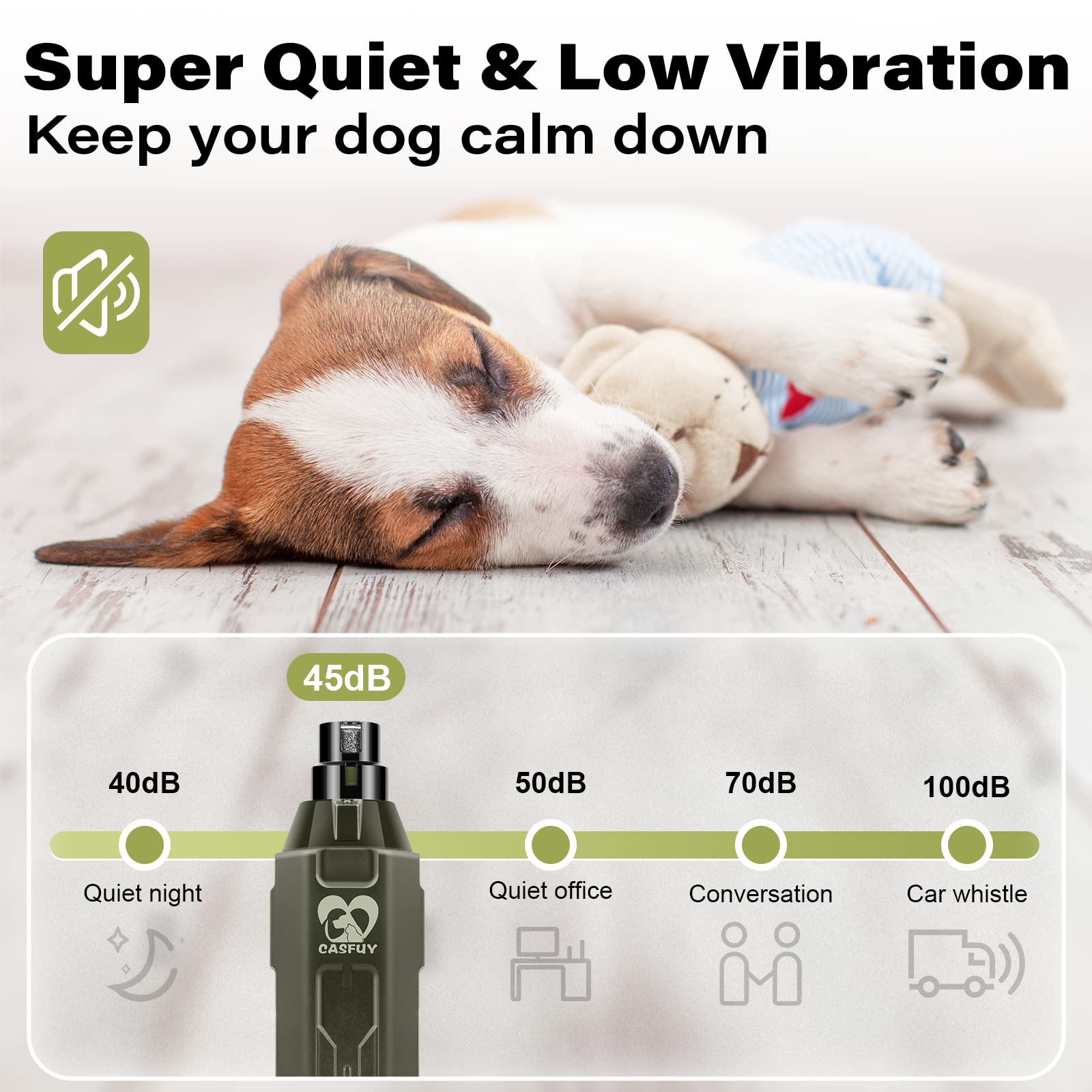 Casfuy 6-Speed Dog Nail Grinder - Newest Enhanced Pet Nail Grinder Super Quiet Rechargeable Electric Dog Nail Trimmer Painless Paws Grooming & Smoothing Tool For Large Medium Small Dogs (Army Green)