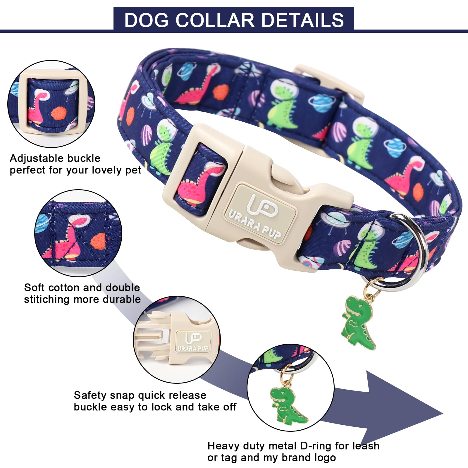 Up Urara Pup Summer Dog Collar-Dinosaur Dog Collars With Planet-Cute Blue Summer Pet Dollar-Soft, Adjustable & Stylish For Small