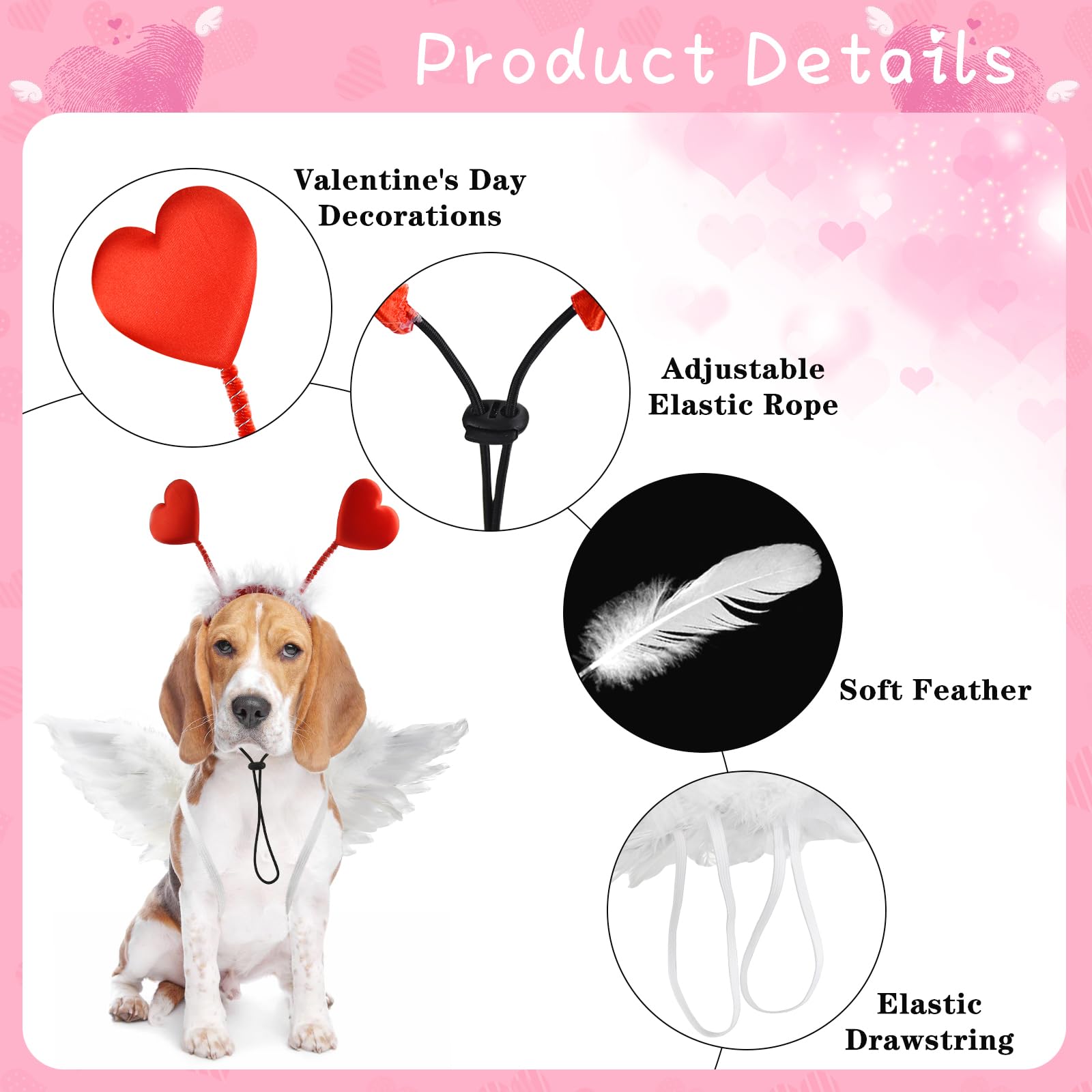Shurung Dog Sweeat Heart Headband Valentin'S Day Costume Set With White Feather Wing Heart Headband Love-Themed Dog Outfits For