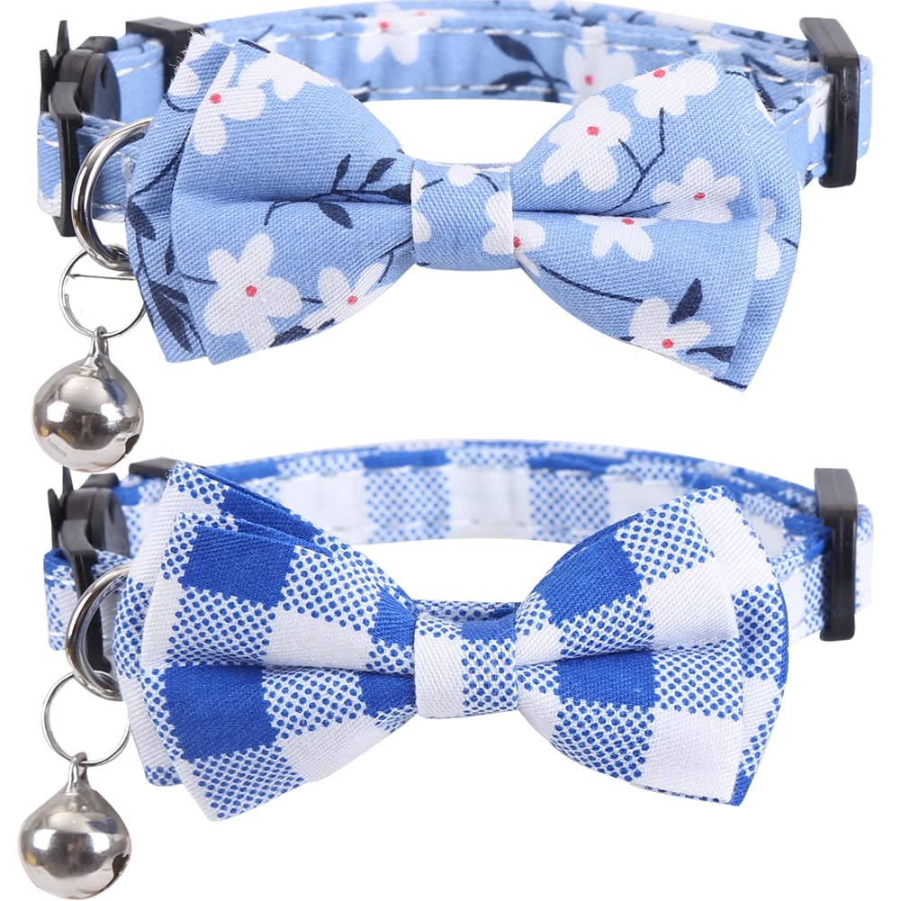 2 Pack/Set Cat Collar Breakaway With Cute Bow Tie And Bell Plaid Flower For Kitty Adjustable Safety