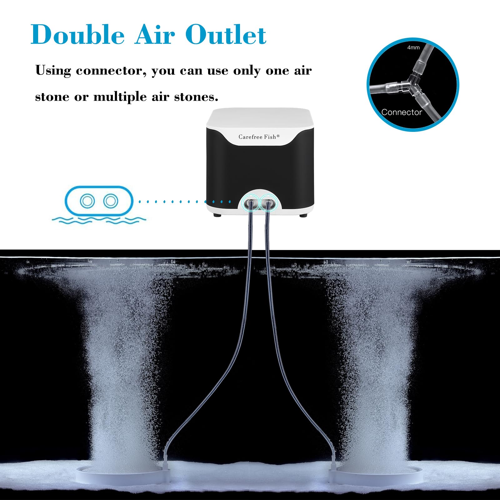 Carefree Fish 5/10W Aquarium 2 Air Outlets Quiet Air Pump Fish Tank Adjustable Oxygen Pump Powerful Aerator Pump with Tube and A