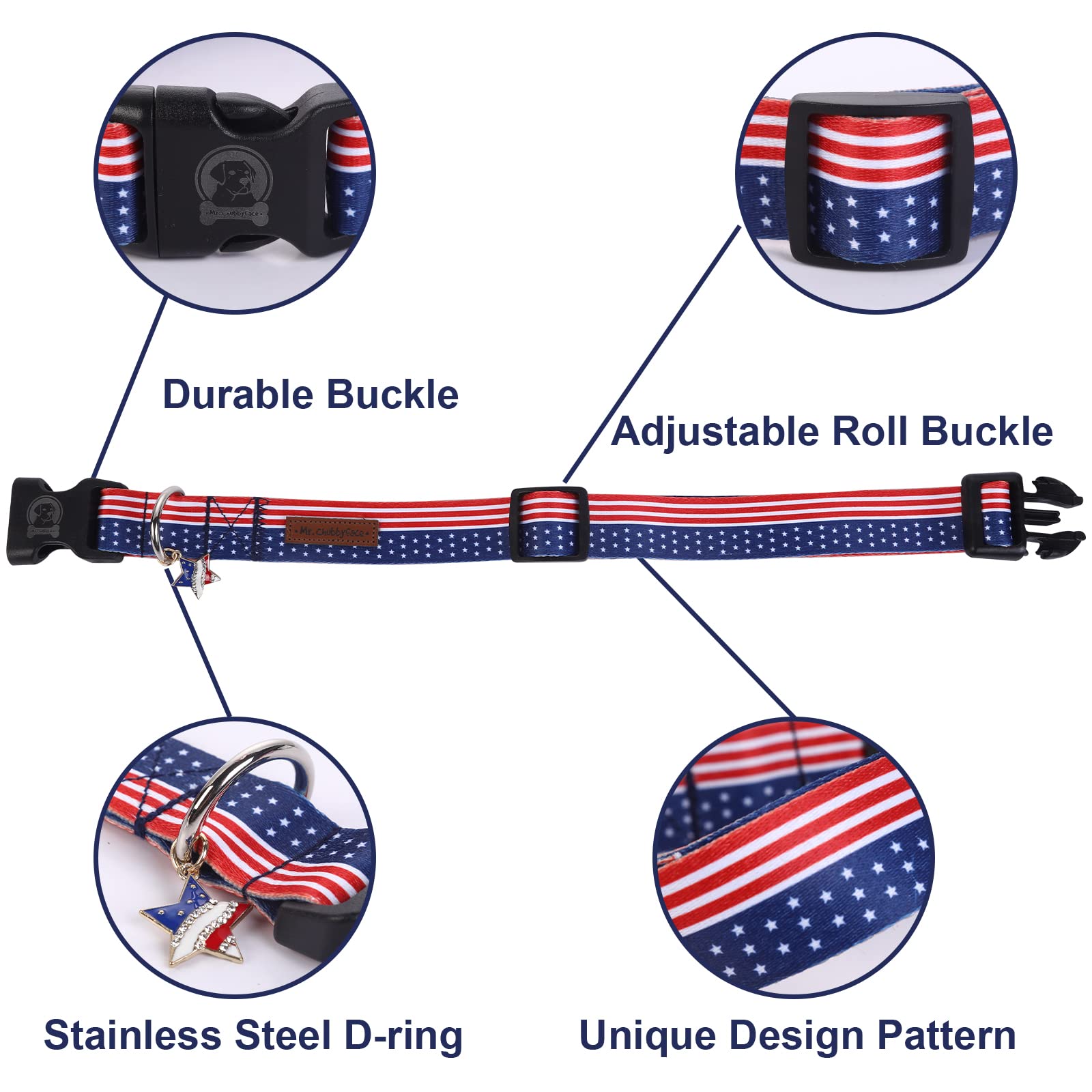 Mr. Chubbyface American Flag 4Th Of July Dog Collar Adjustable Pet Collar Independence Day Collar Red White And Blue Designer Pa