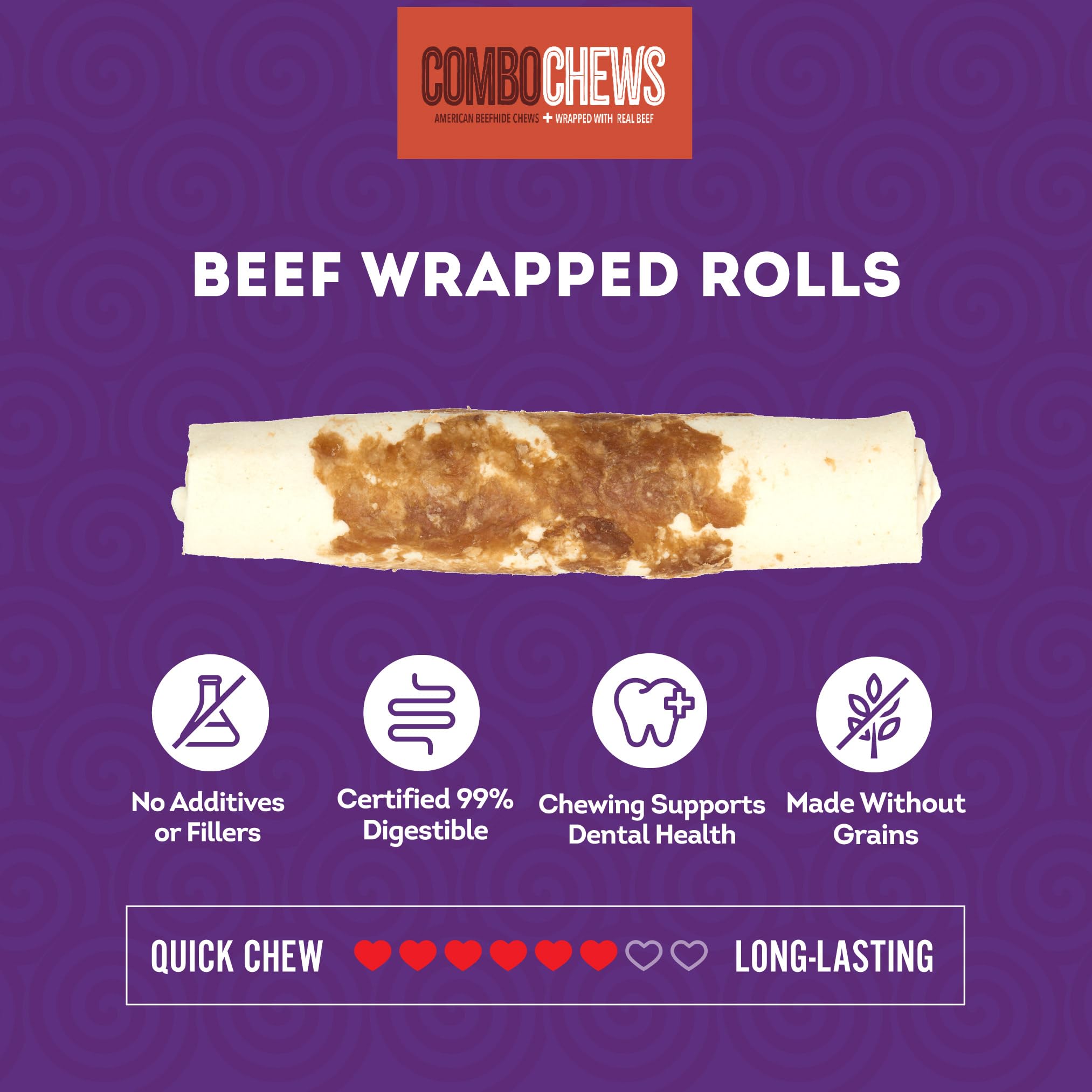Treatly Dog Chew Treats - Combo Chews Beefhide Rolls 7" w/Beef Meat Wrap - 3 Count Pack