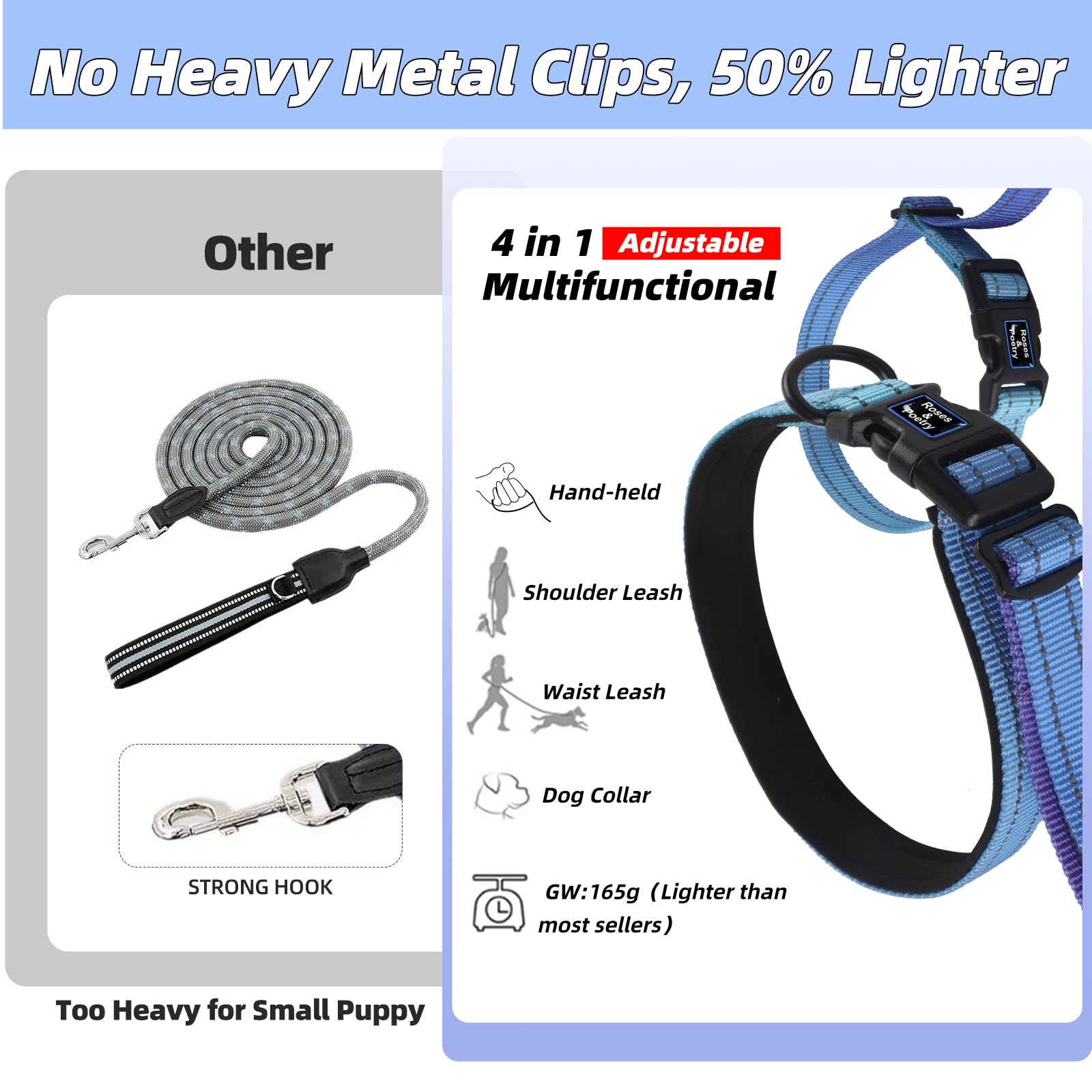 Roses&Poetry Hands Free Dog Leash For Small Dogs, All-In-One Leash & Collar 6.6-8.7Ft Adjustable Waist Crossbody Leash For Dog W