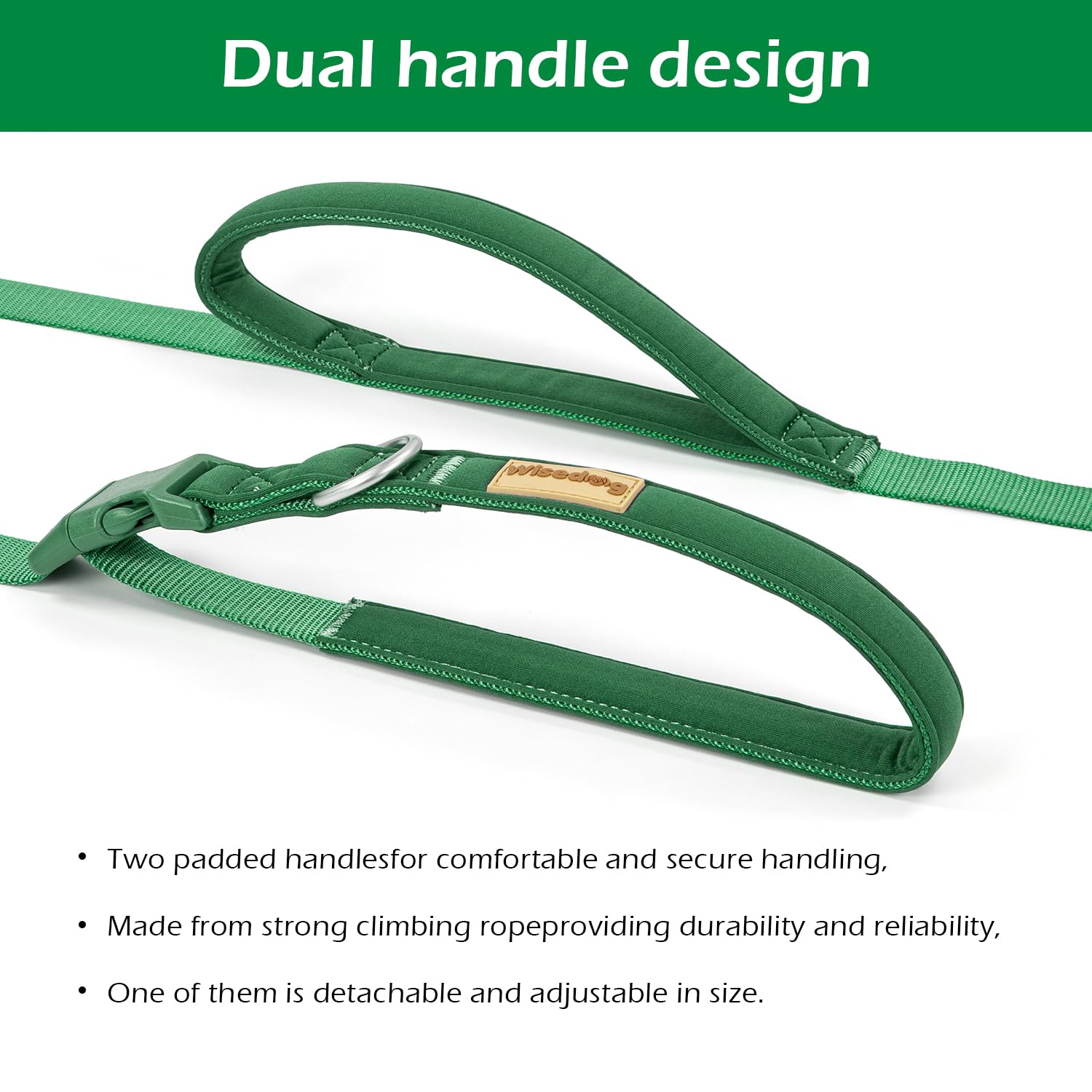 Wisedog 16 Ft Hands Free Dog Leash, Comfort And Safety Padded Handle & Heavy Duty Metal Clasp - Two Handle Dog Leash Adjustable