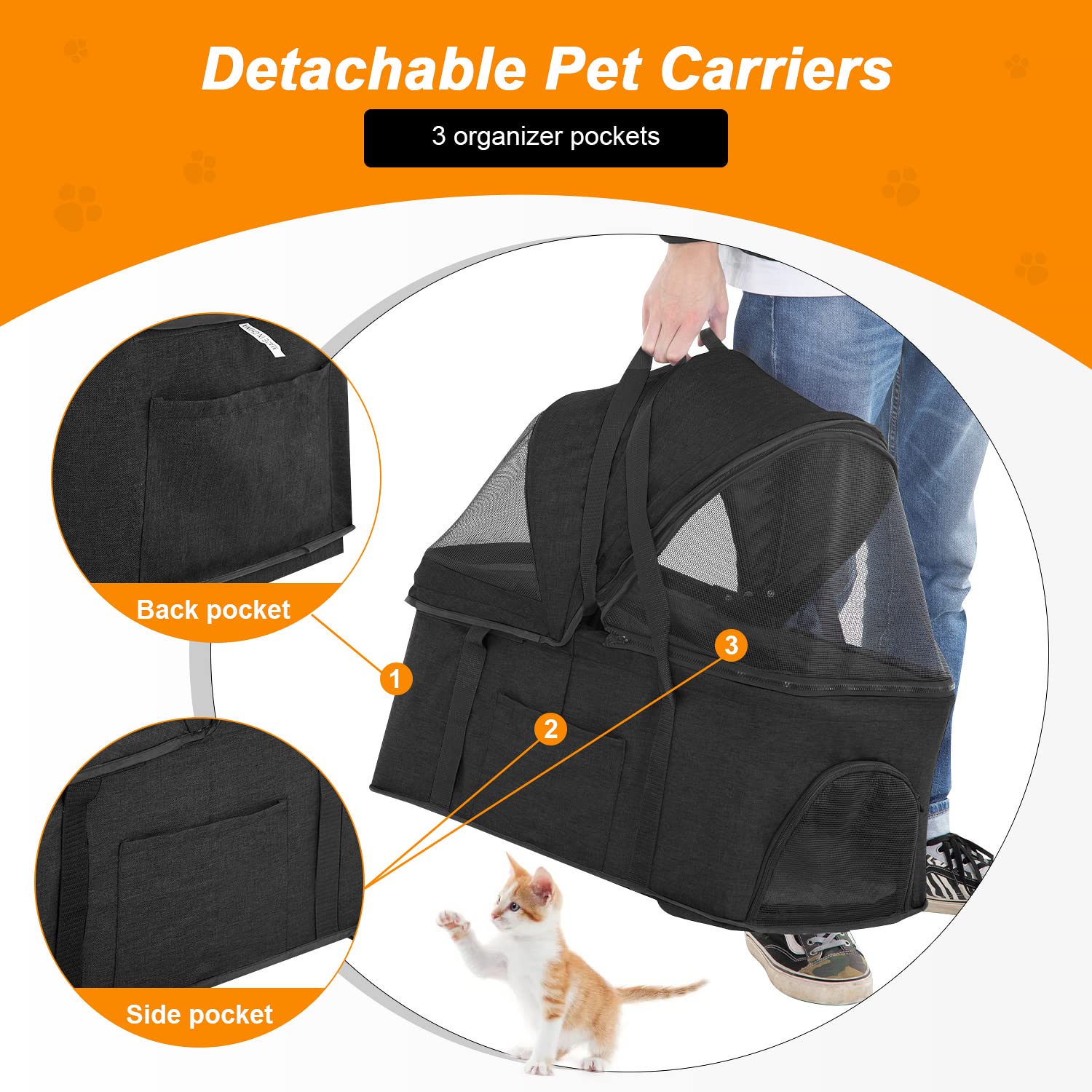 BestPet Pet Dog Stroller with Premium 3-in-1 Multifunction & Detachable Carrier for Folding Lightweight Cat Travel Stroller,Blac