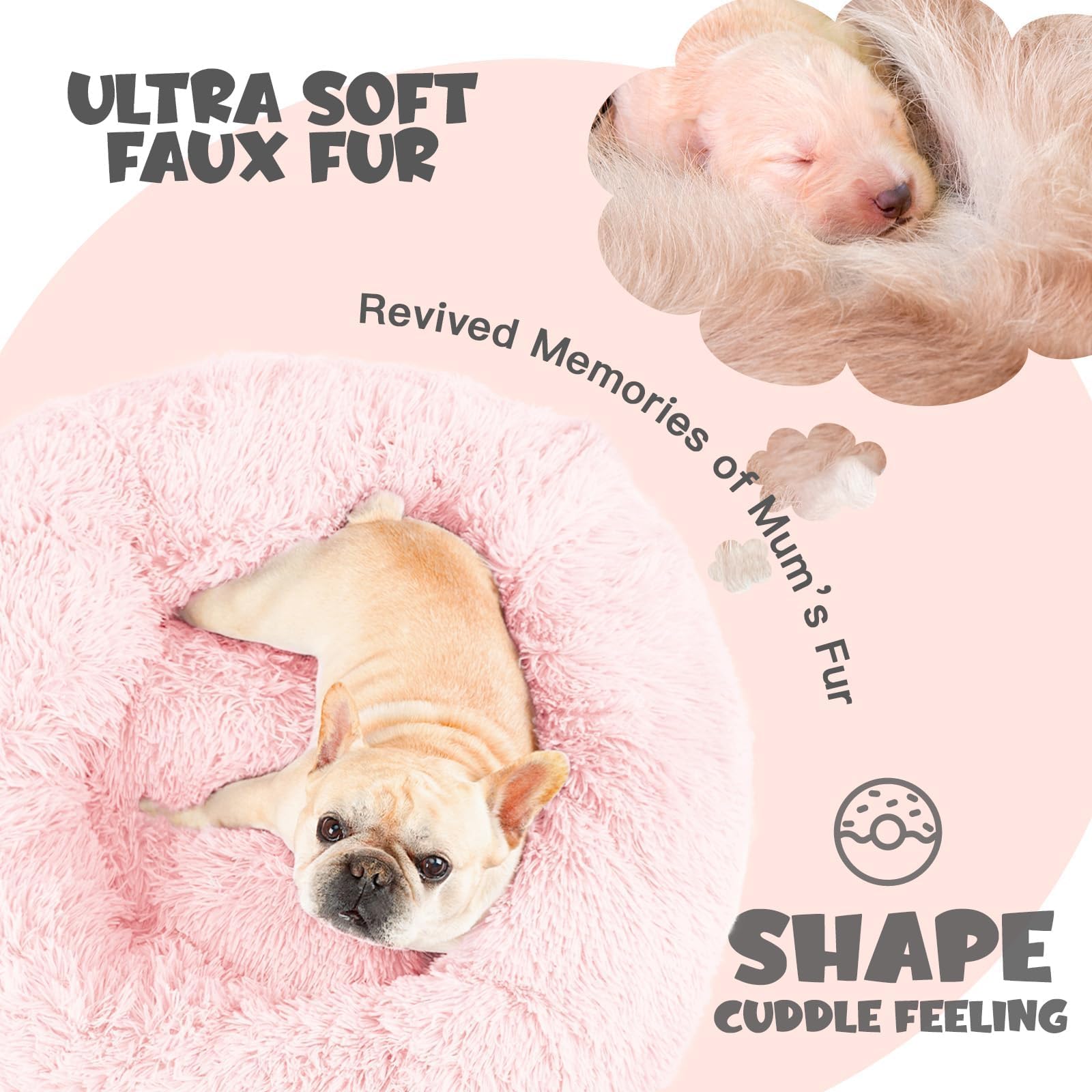 Himax Calming Anti-Anxiety Dog Bed For Medium Dogs With Attached Blanket - Pink, Fluffy, Washable (20/26/35)