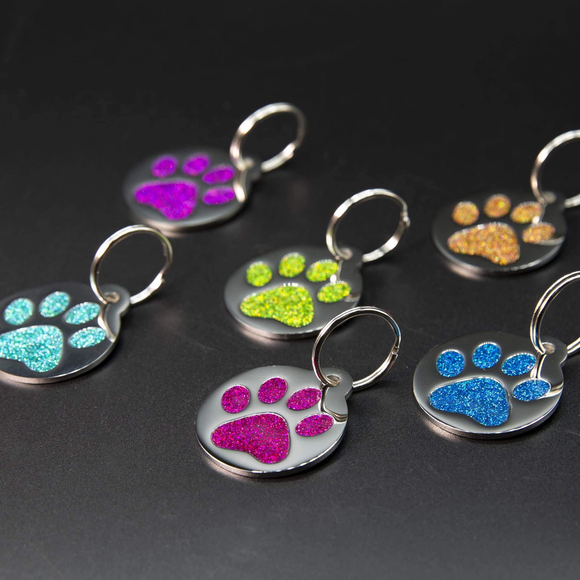 Engraved Pet Tag for Dogs & Cats - Personalized with 4 Lines of Custom Engraved ID, Round Paw Print Stainless Steel Enameled in
