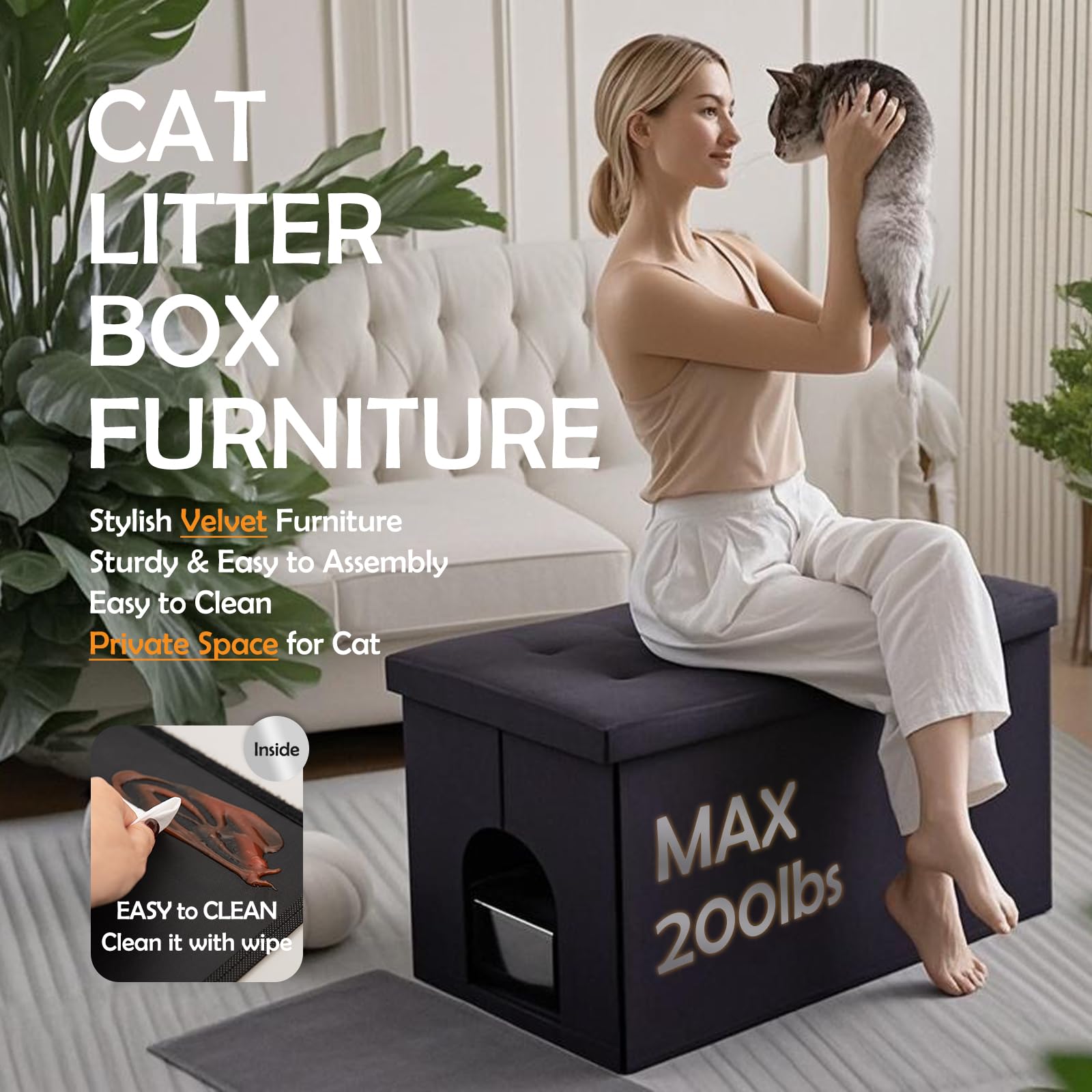 MEEXPAWS Cat Litter Box Enclosure Furniture Hidden Extra Large, Lift Design Lid Velvet Cat Washroom Bench Storage Cabinet | 35.4