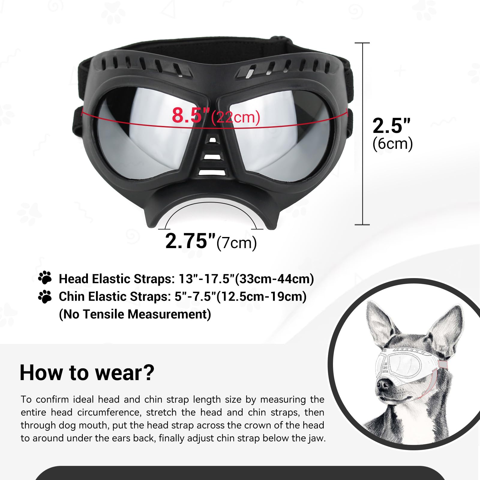 Namsan Dog Goggles For Small Dogs, Wide Nose, Soft Frame, Anti-Uv Tactical Dog Sunglasses Small To Medium Breed, Summer Driving Dog Eye Protection, Winter Snow Eyewear, Adjustable, Silver Lens